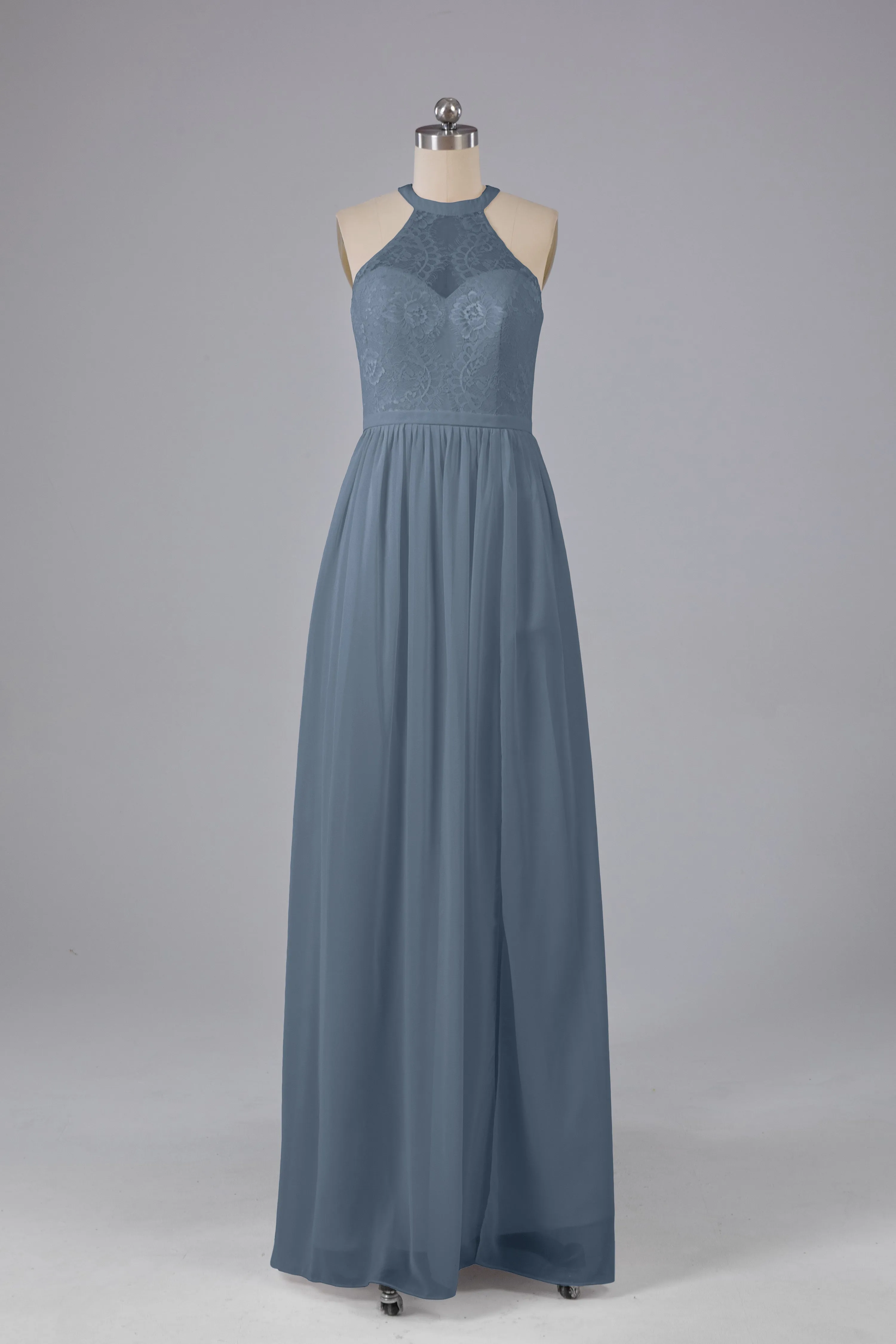 Simple Halter Lace Long Bridesmaid Dresses with Split