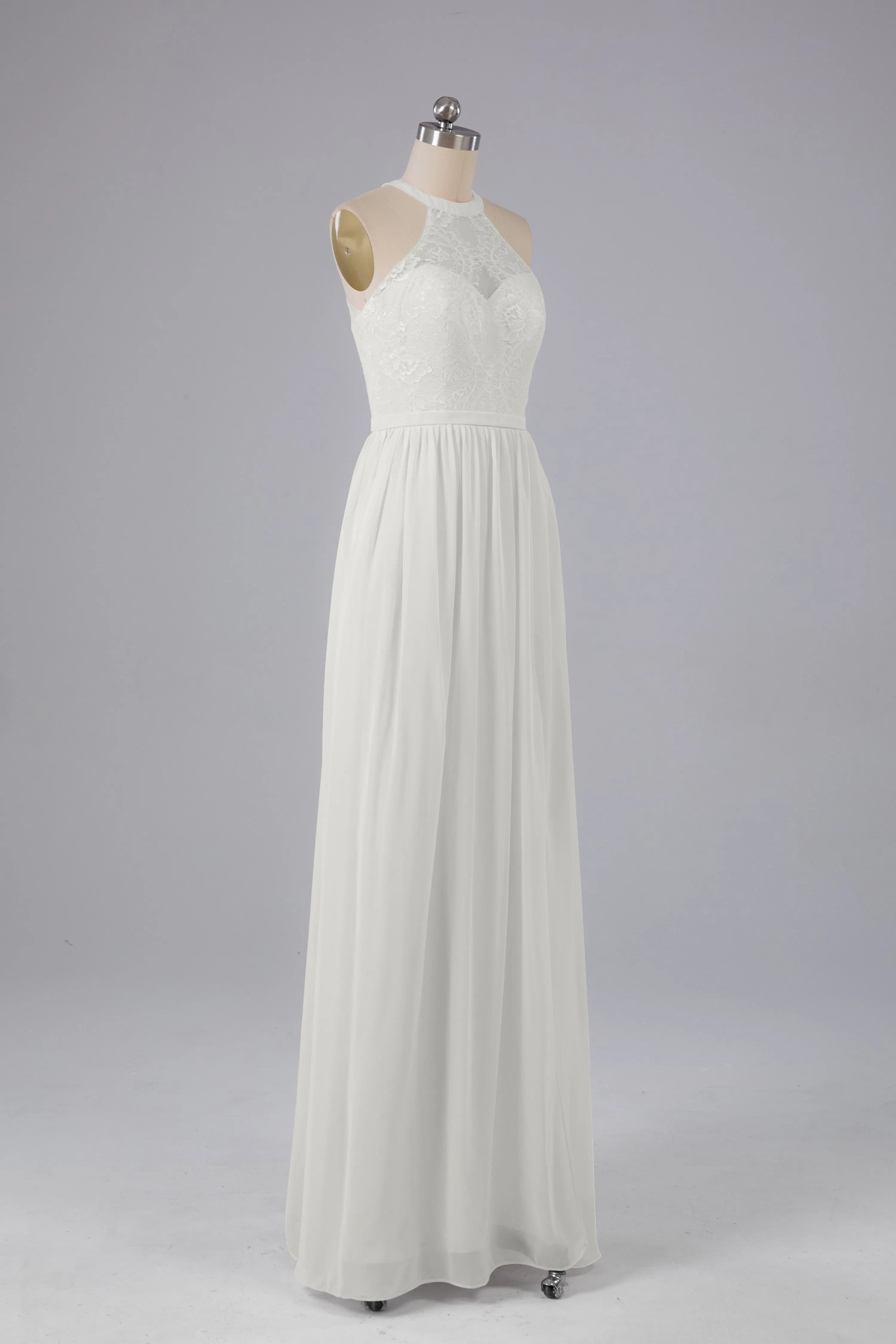 Simple Halter Lace Long Bridesmaid Dresses with Split
