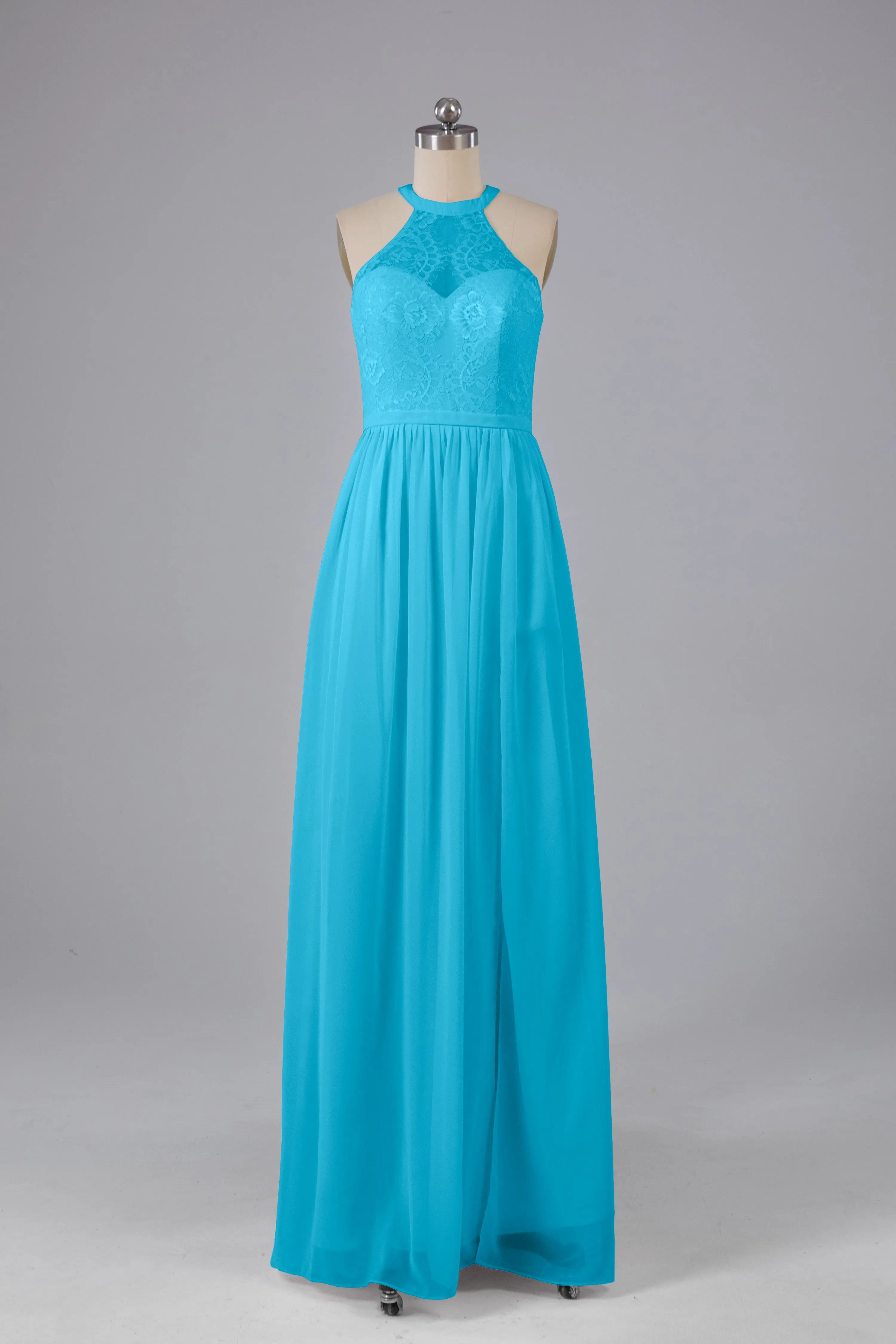Simple Halter Lace Long Bridesmaid Dresses with Split