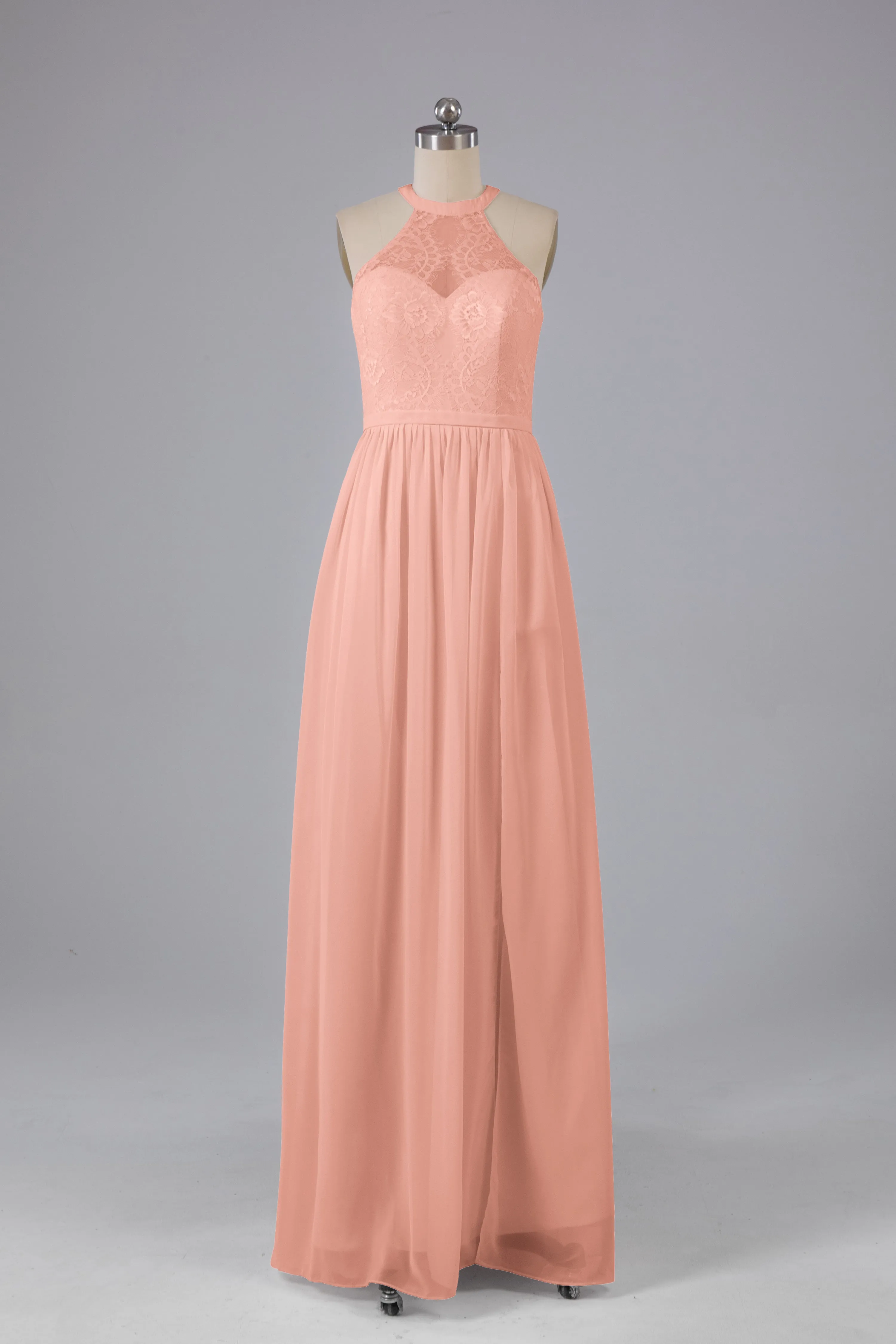 Simple Halter Lace Long Bridesmaid Dresses with Split