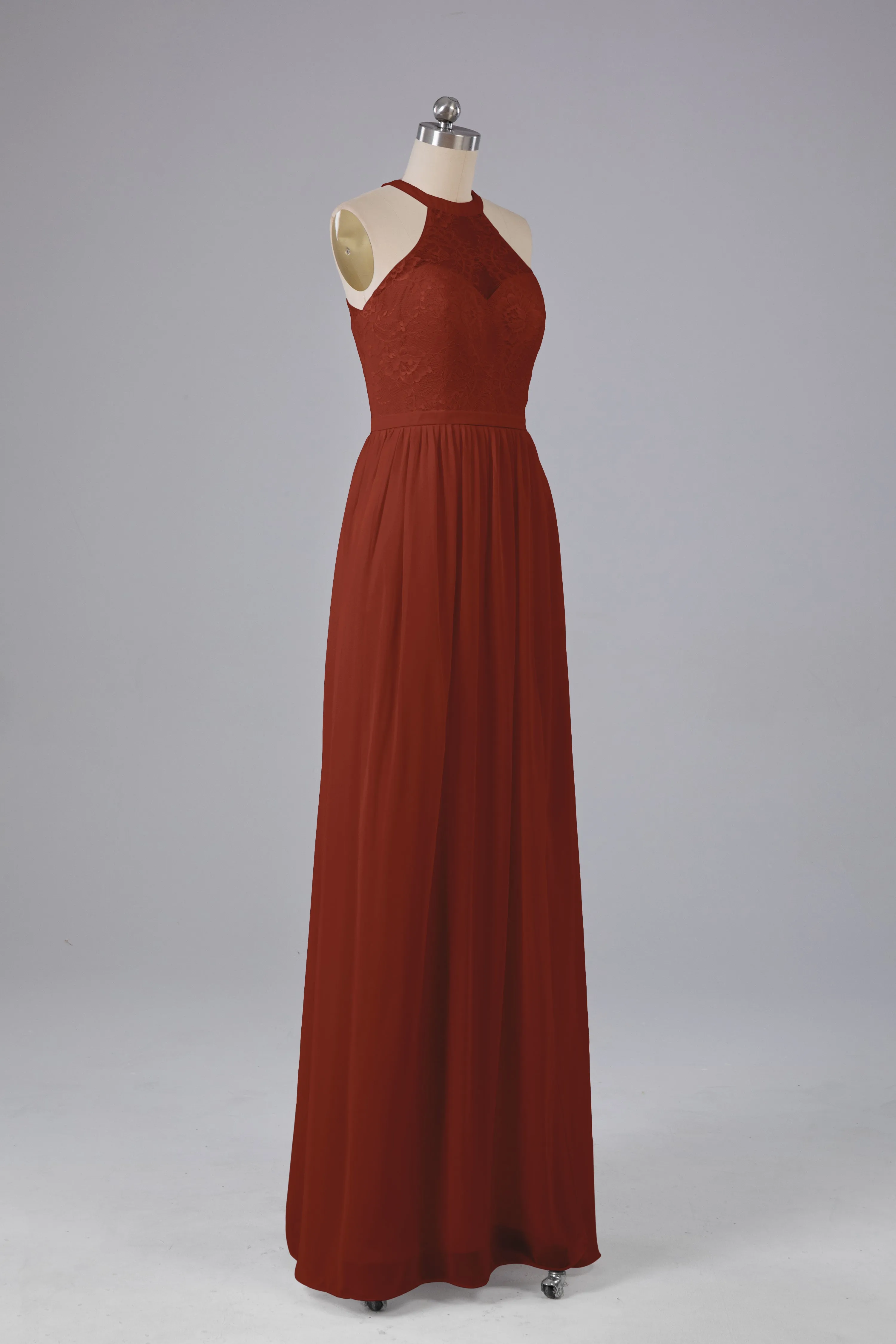 Simple Halter Lace Long Bridesmaid Dresses with Split