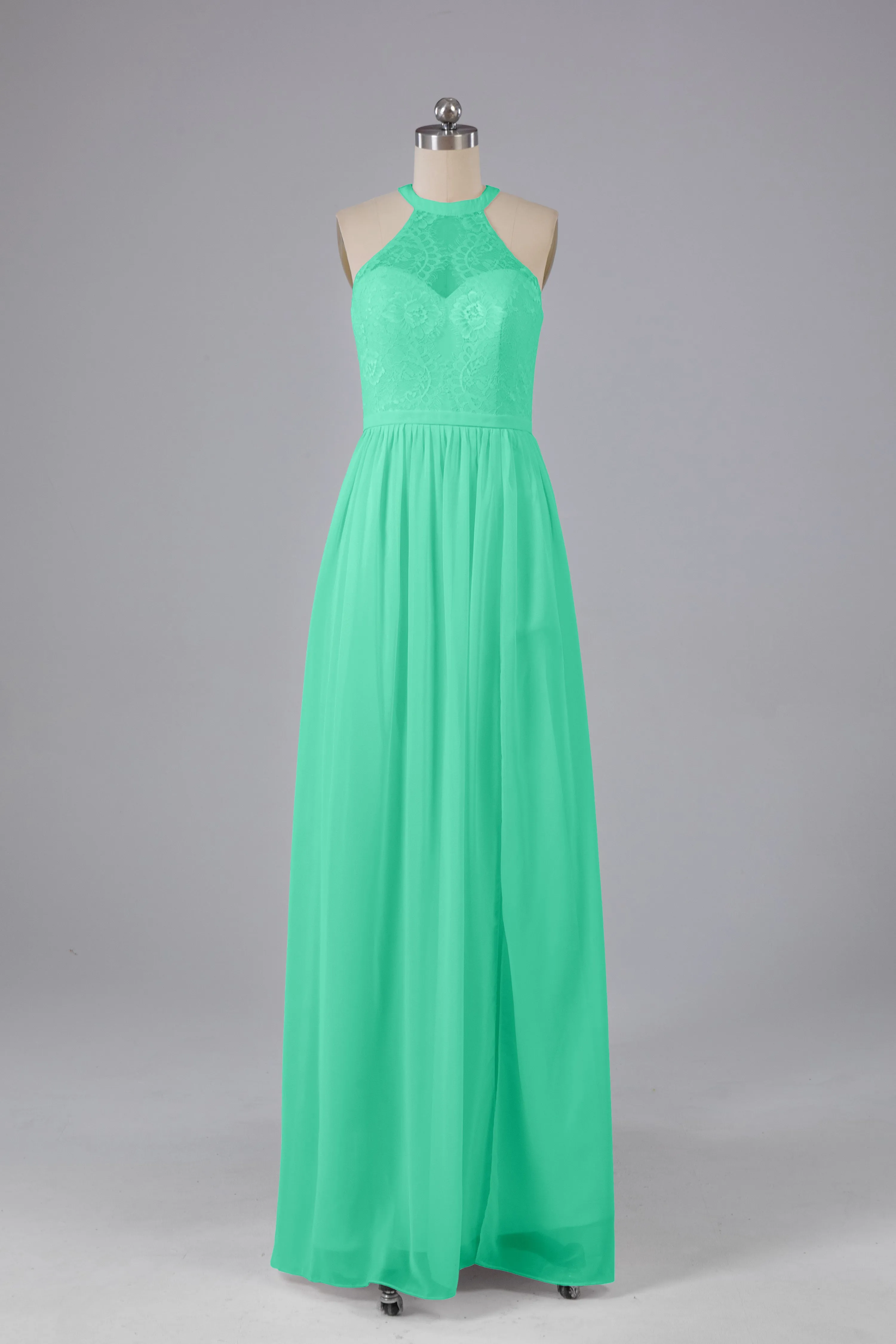 Simple Halter Lace Long Bridesmaid Dresses with Split