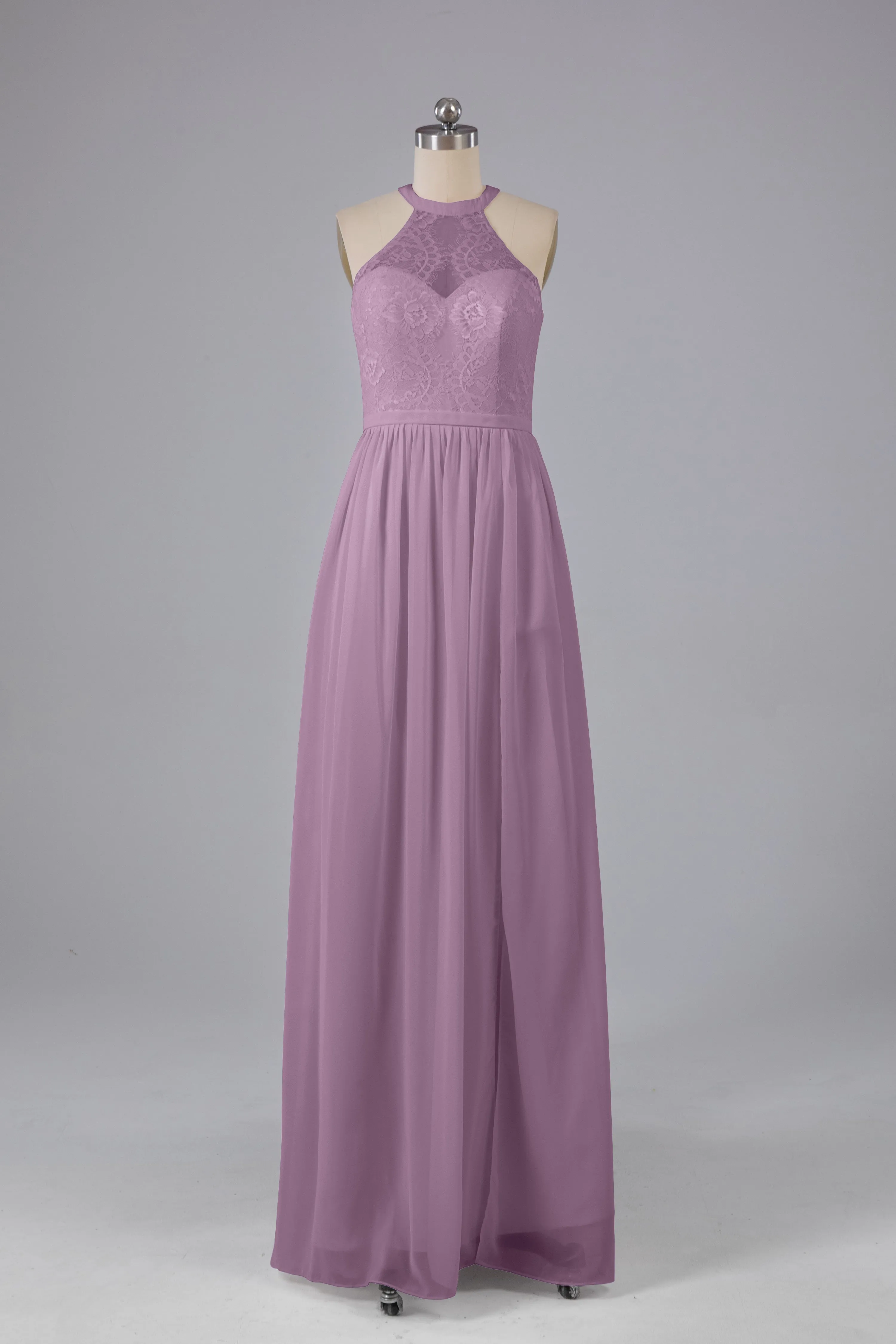 Simple Halter Lace Long Bridesmaid Dresses with Split