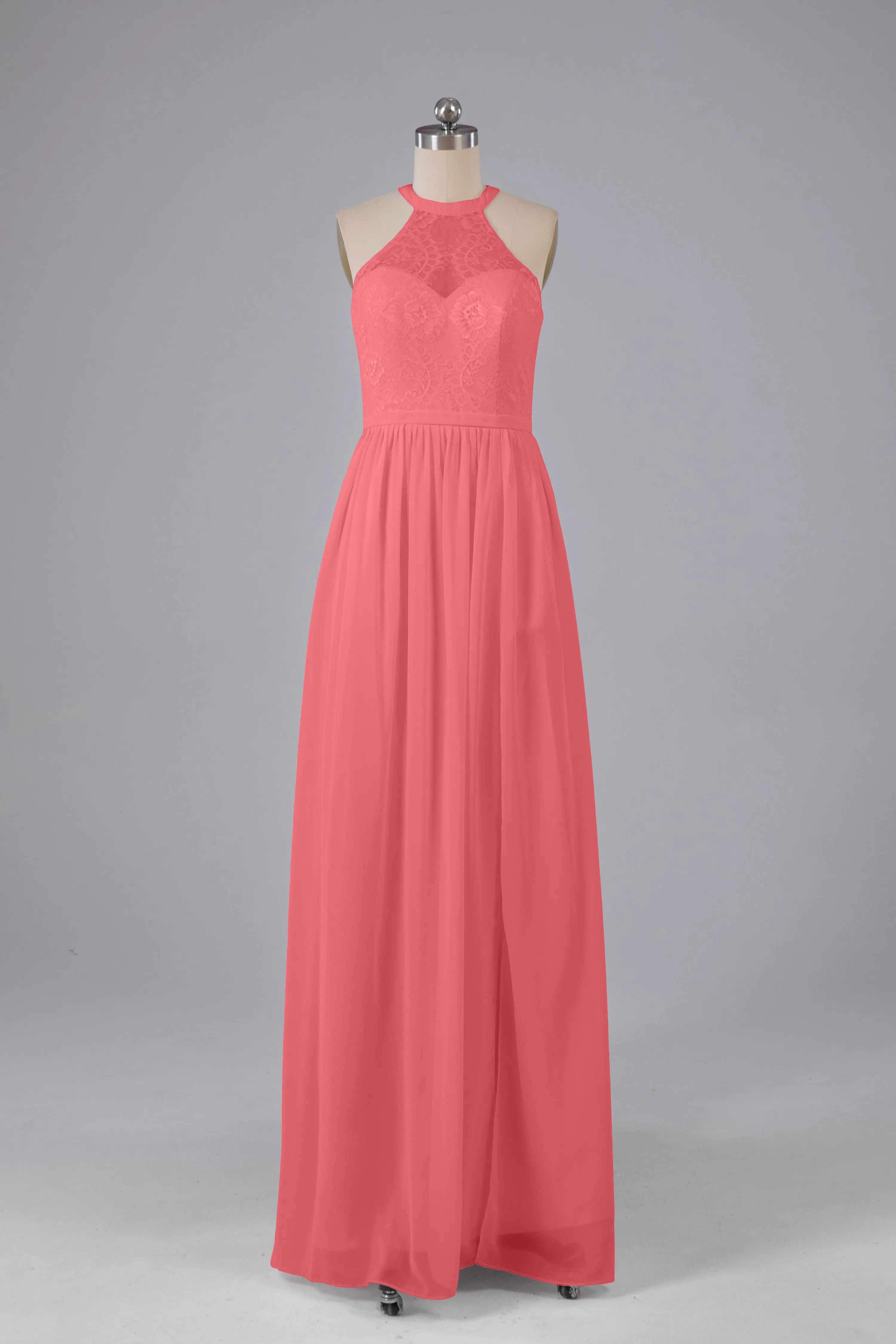 Simple Halter Lace Long Bridesmaid Dresses with Split
