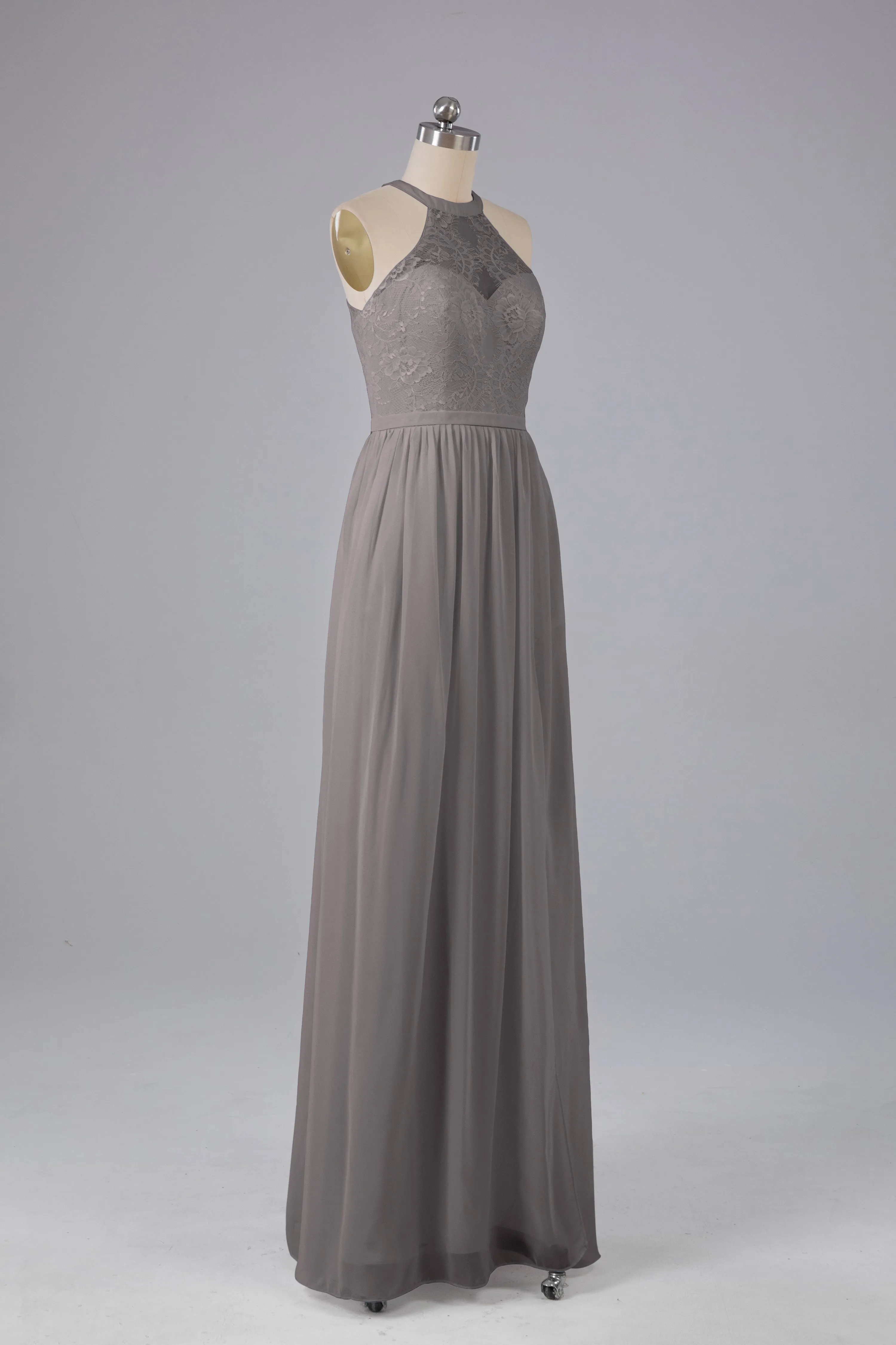 Simple Halter Lace Long Bridesmaid Dresses with Split