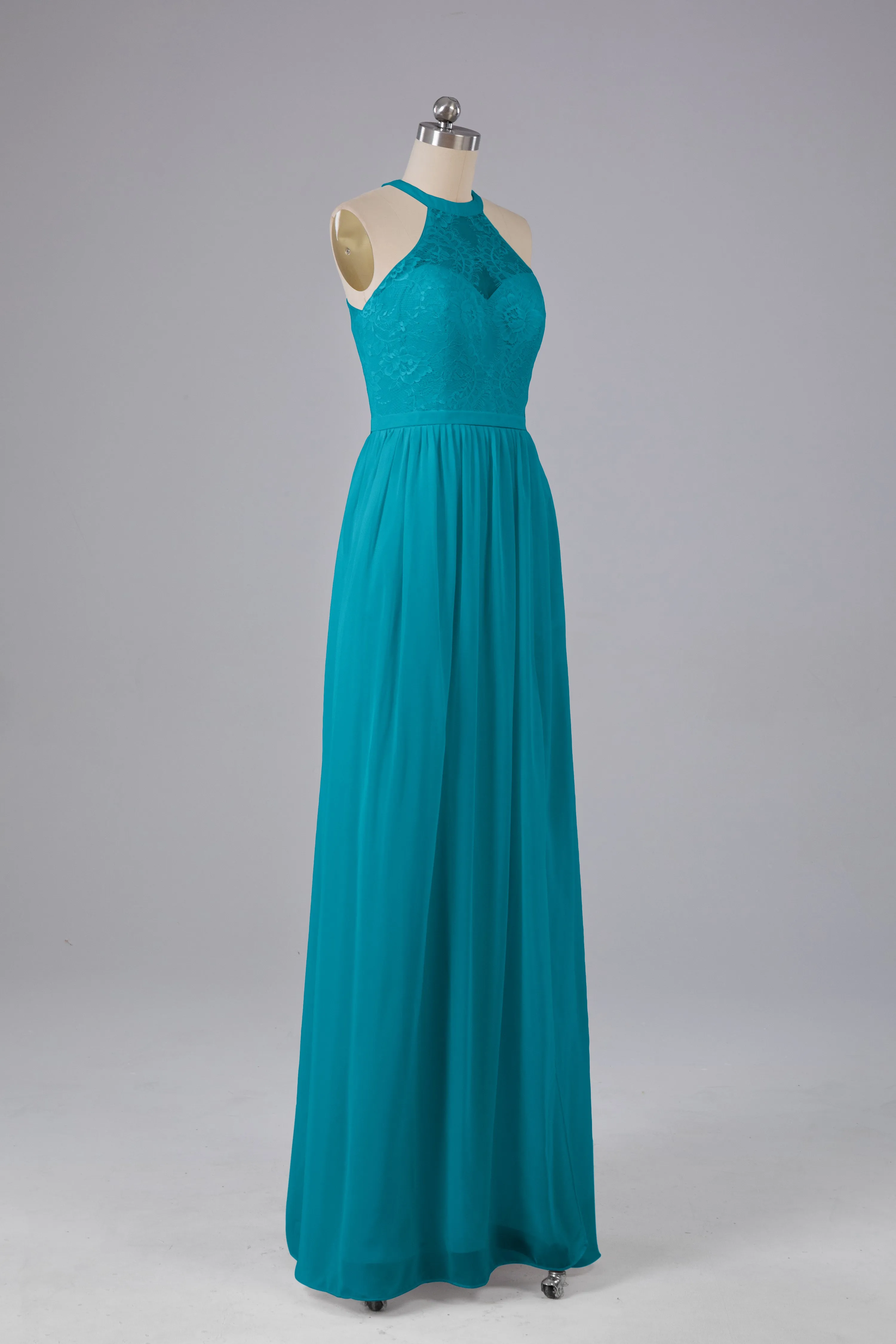 Simple Halter Lace Long Bridesmaid Dresses with Split