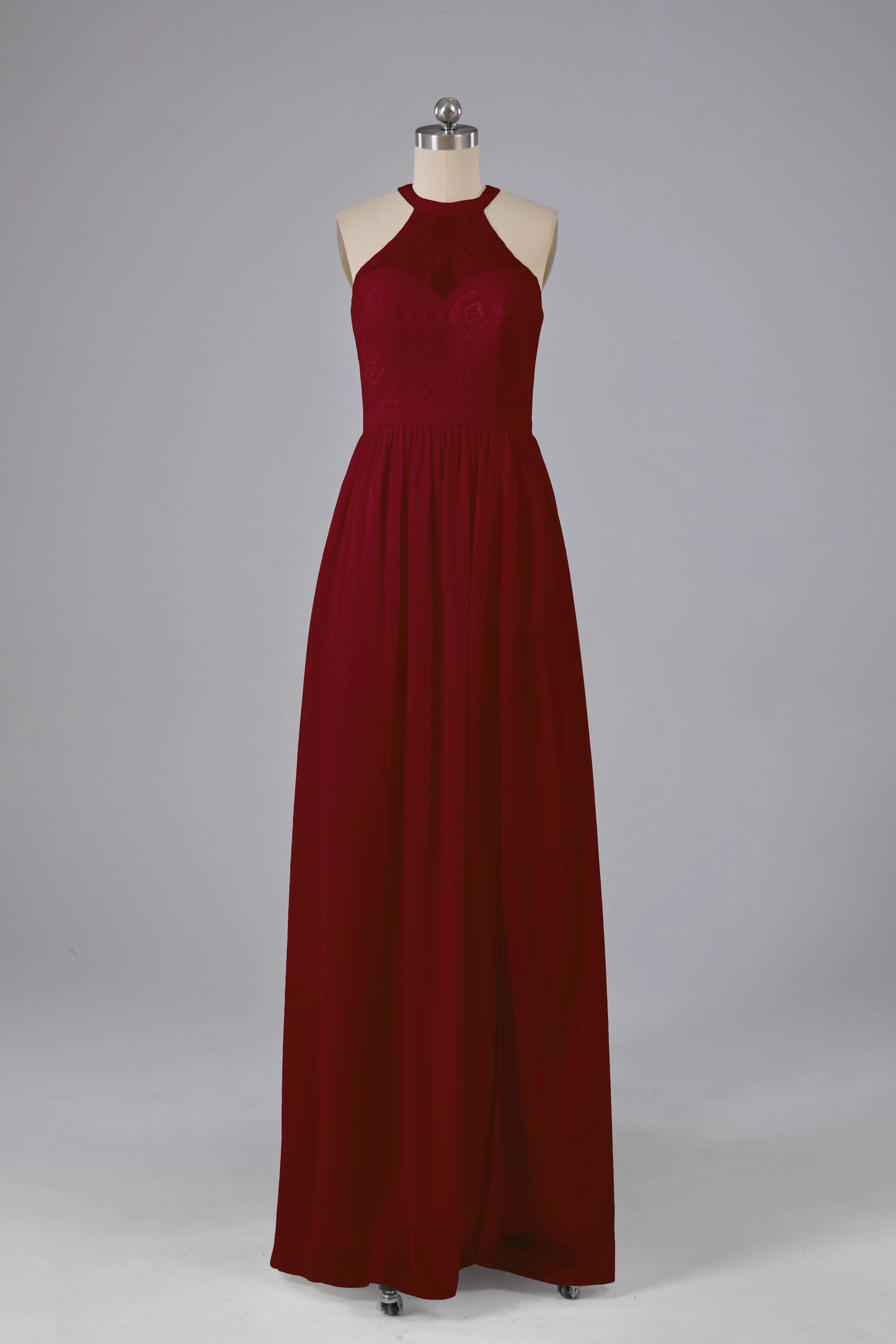 Simple Halter Lace Long Bridesmaid Dresses with Split