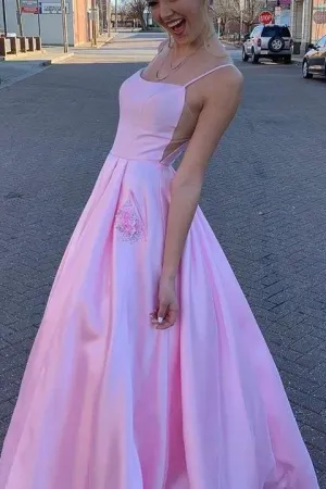 Simple Pink A-line Spaghetti Straps Satin Long Prom Dresses
