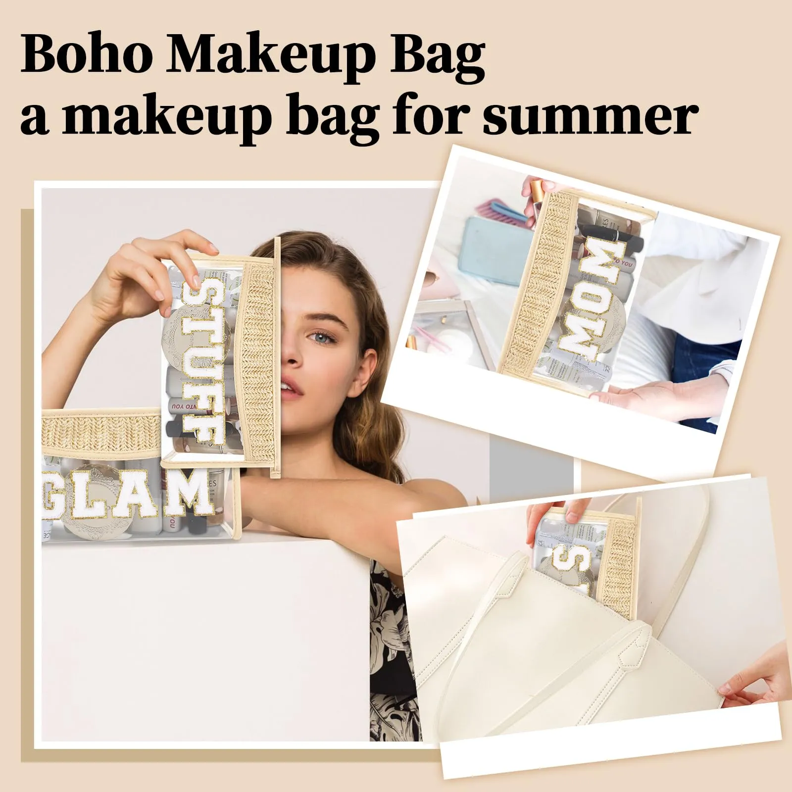 Small Boho Straw Clear Mom Makeup Bags for Women&Girls, Zipper Cosmetic Bag Chenille Varsity Letter Patch Bag, Preppy Cute Toiletry Pouch, Trendy Organizer Storage Bag for Beach Travel Essentials