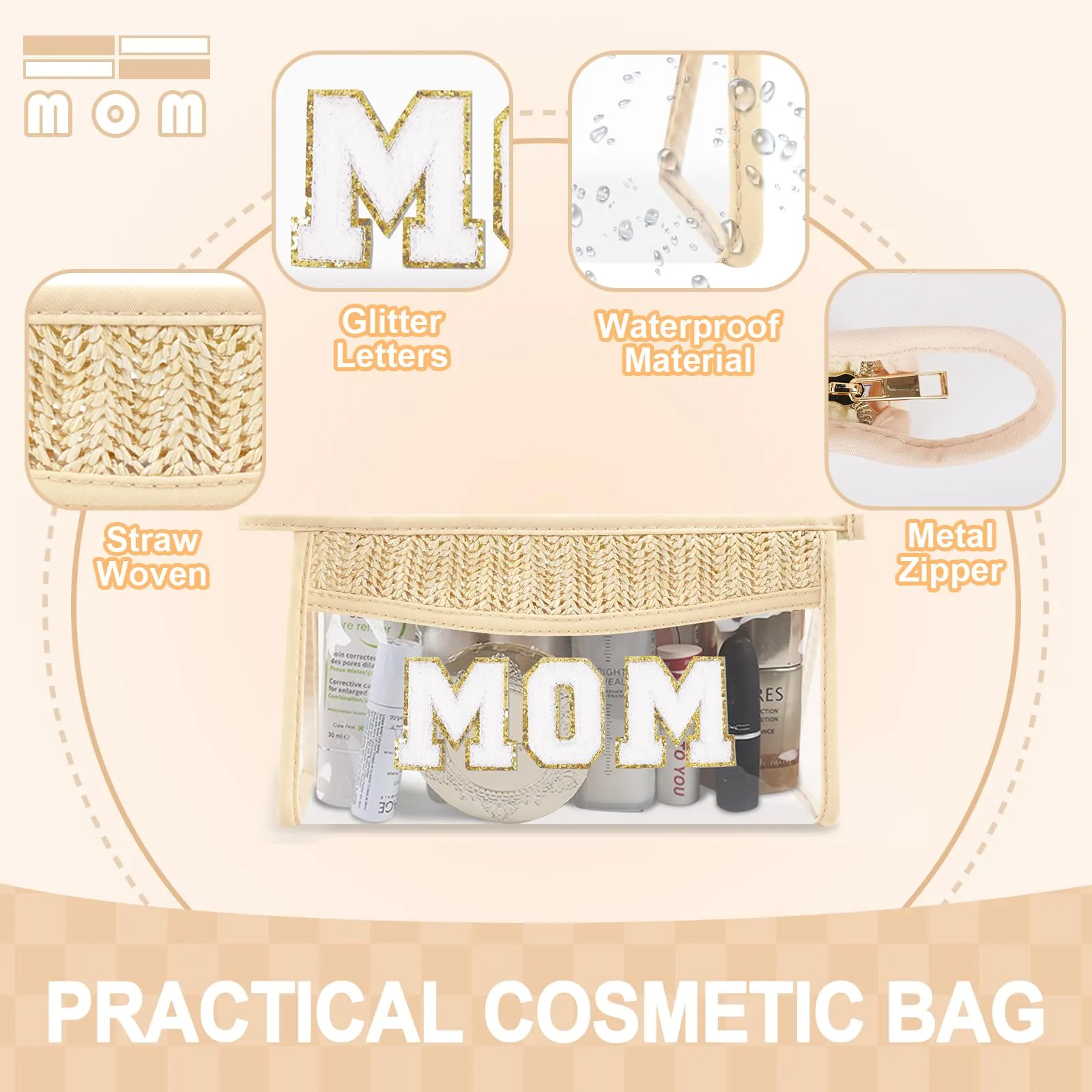 Small Boho Straw Clear Mom Makeup Bags for Women&Girls, Zipper Cosmetic Bag Chenille Varsity Letter Patch Bag, Preppy Cute Toiletry Pouch, Trendy Organizer Storage Bag for Beach Travel Essentials