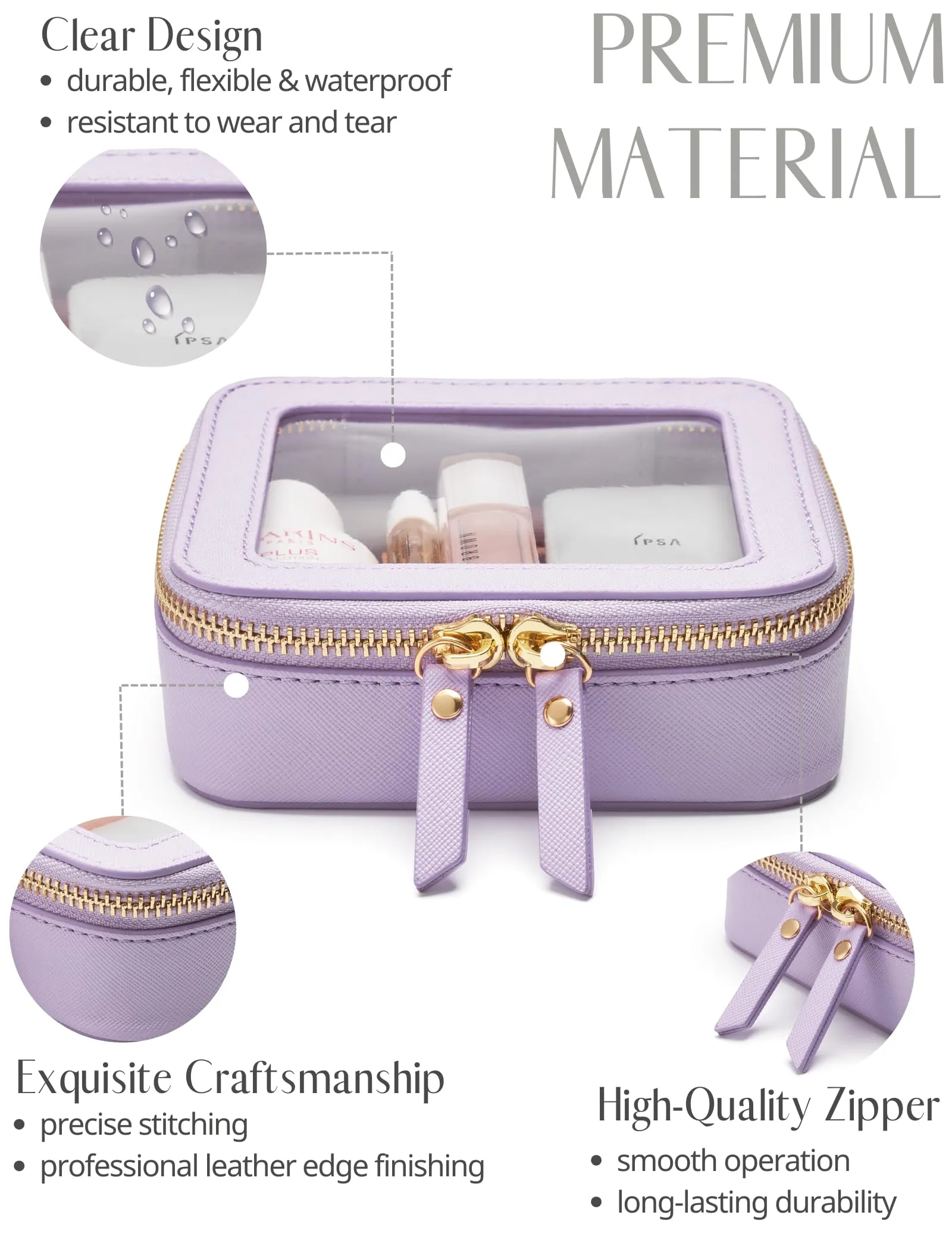 Small Cosmetic Bag for Purse Mini Makeup Bag for School Cute Clear Make Up Pouch for Travel Tiny Leather Purple Make Up Organizer Case for Backpack Toiletry Bag Waterproof Square Pouch with Zipper
