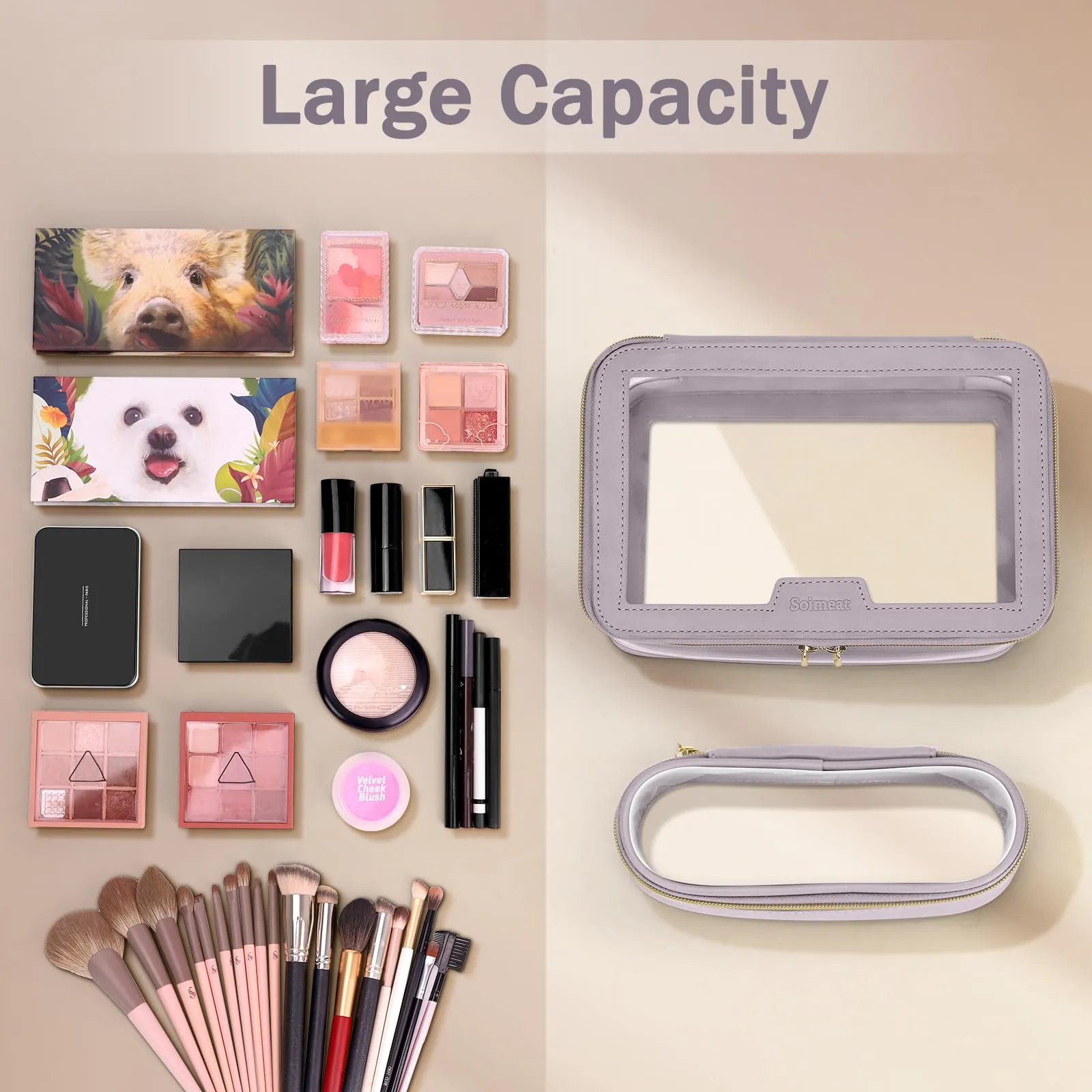 Soimeat Travel Clear Makeup Bag with Makeup Brush Bag, Leather Makeup Case Toiletry Bag, Portable Cosmetic Bag Case, Transparent Waterproof Cosmetic Organizer Storage Bag for Women, Purple