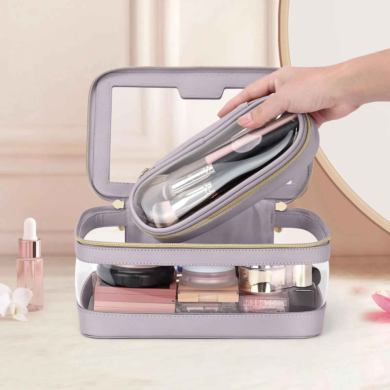 Soimeat Travel Clear Makeup Bag with Makeup Brush Bag, Leather Makeup Case Toiletry Bag, Portable Cosmetic Bag Case, Transparent Waterproof Cosmetic Organizer Storage Bag for Women, Purple