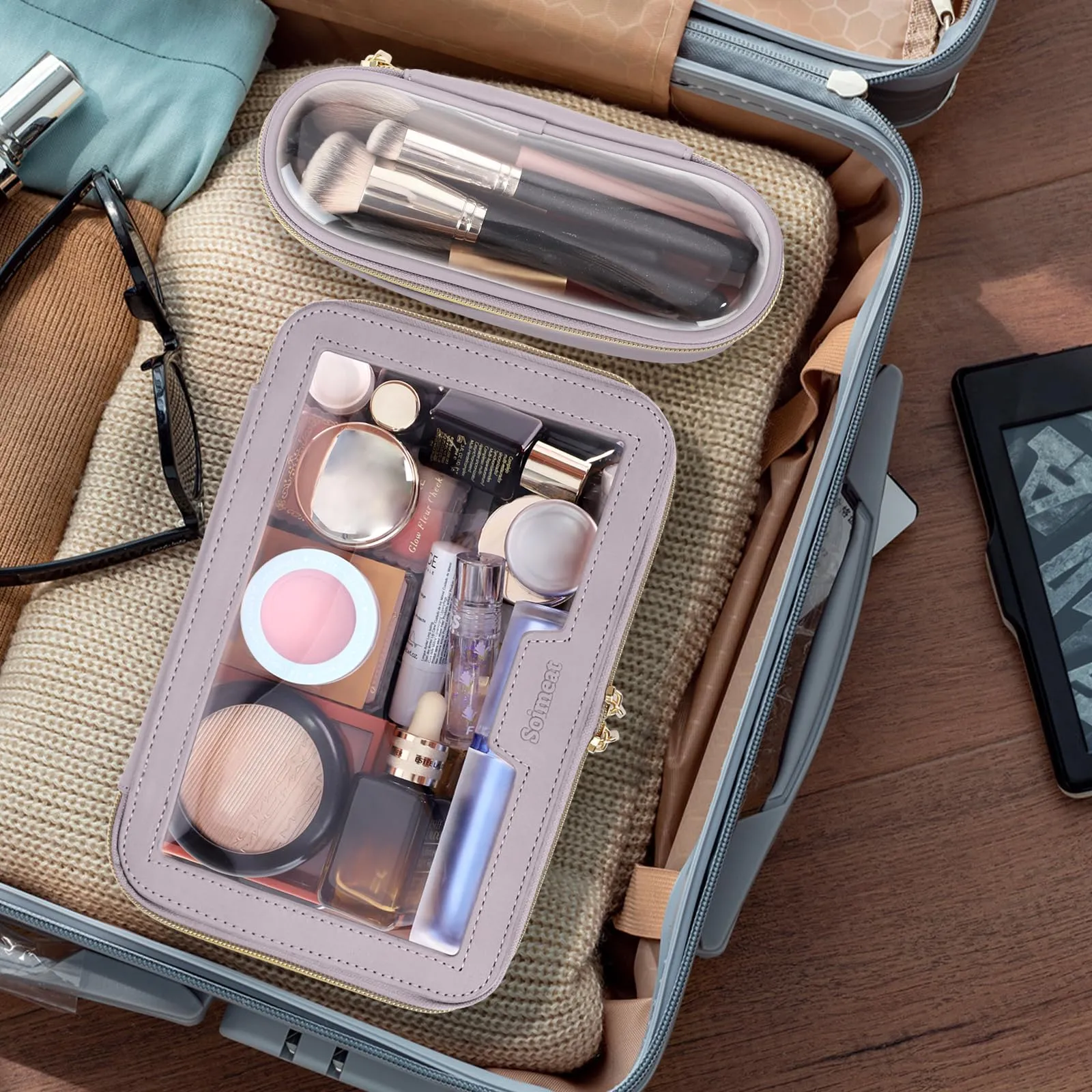 Soimeat Travel Clear Makeup Bag with Makeup Brush Bag, Leather Makeup Case Toiletry Bag, Portable Cosmetic Bag Case, Transparent Waterproof Cosmetic Organizer Storage Bag for Women, Purple