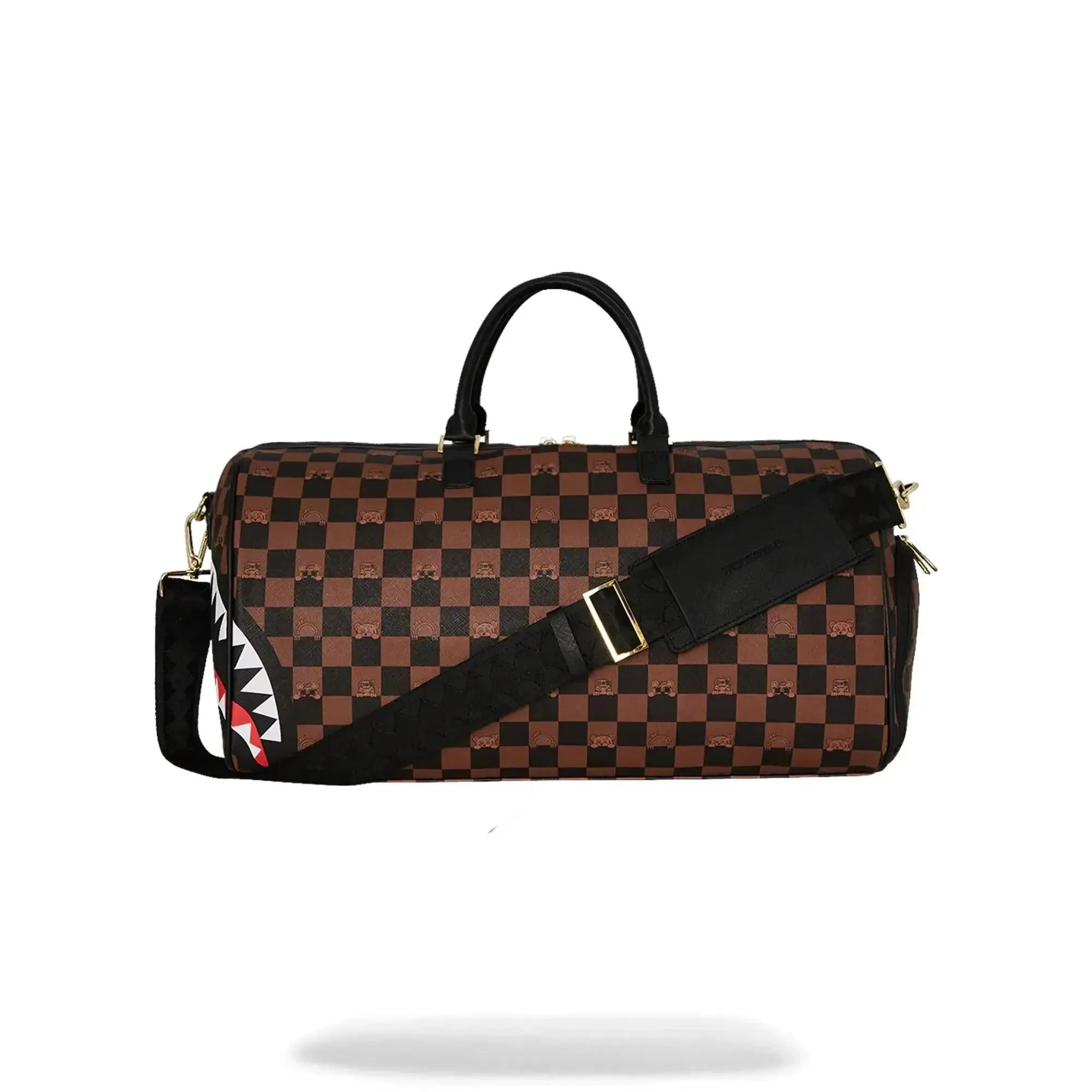 SprayGround Men Peeking Character Check Emperor Duffle Spring 2025 Duffel (Brown Black)