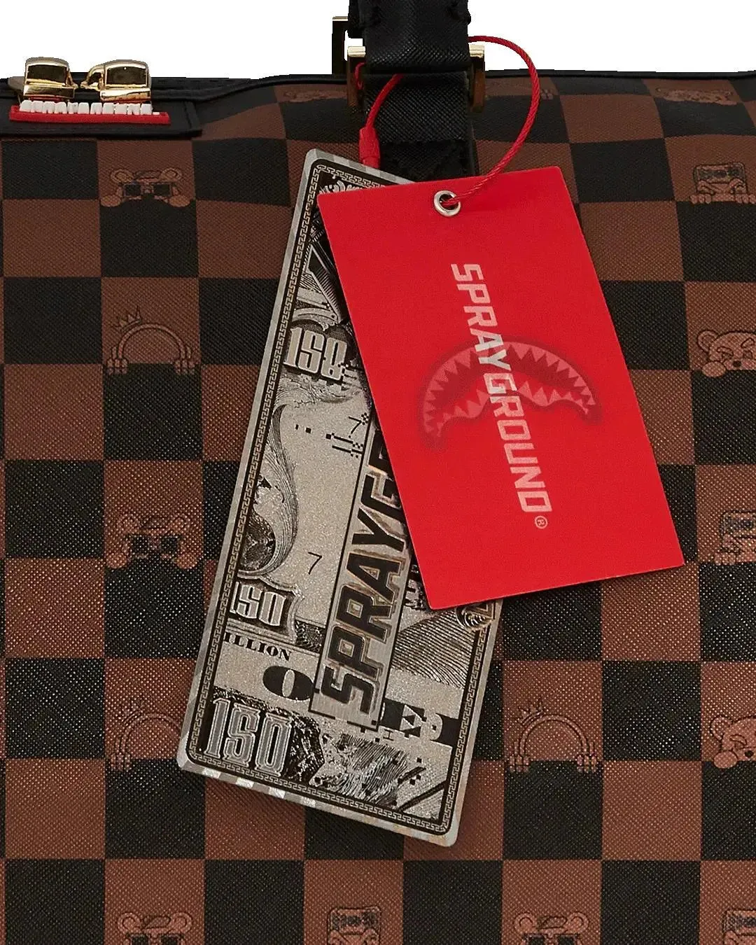 SprayGround Men Peeking Character Check Emperor Duffle Spring 2025 Duffel (Brown Black)