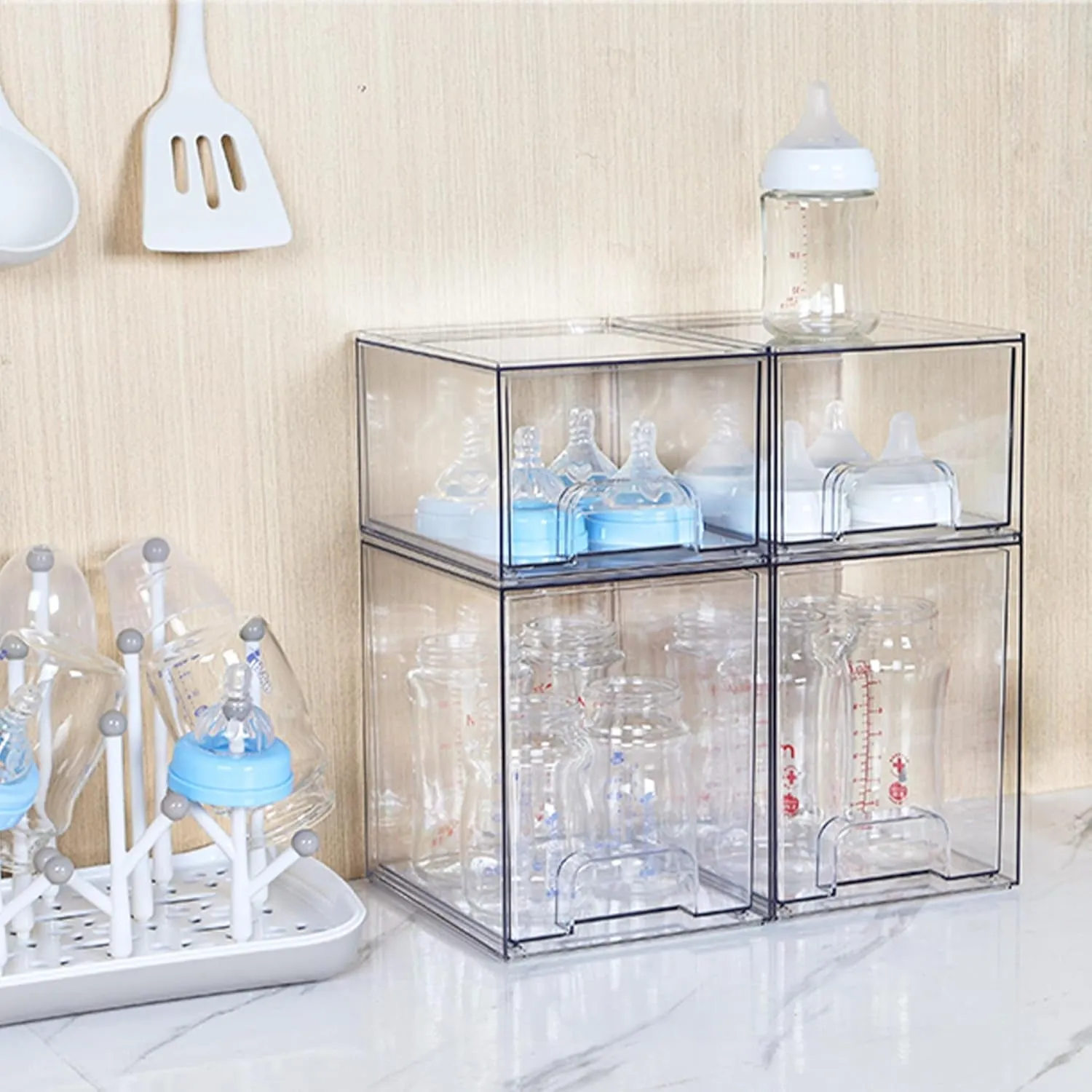 Stackable Storage Drawers Set of 5, Clear Plastic Organizer Bins for Beauty Supplies,Ideal for Vanity, Bathroom,Cabinet,Pantry Organization