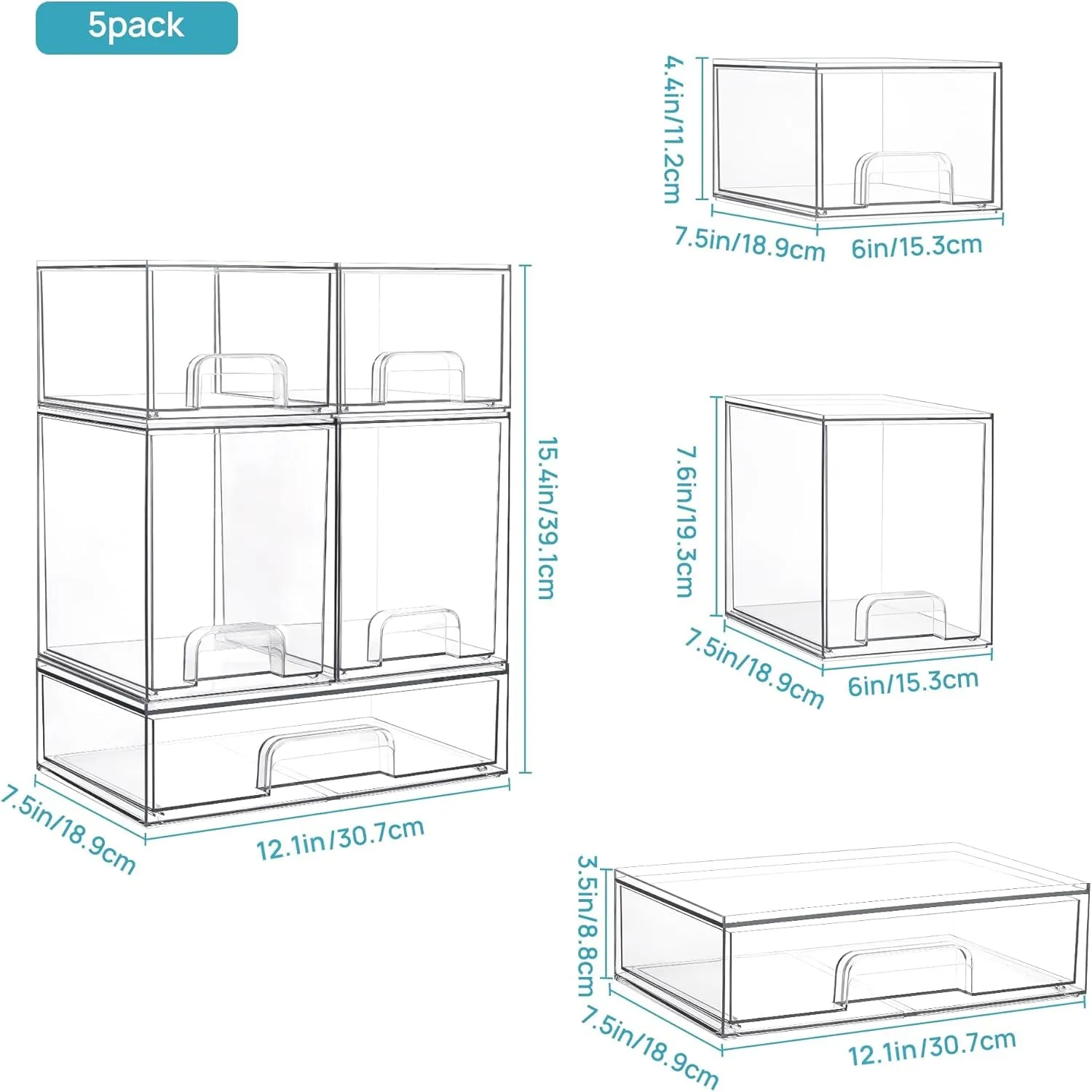 Stackable Storage Drawers Set of 5, Clear Plastic Organizer Bins for Beauty Supplies,Ideal for Vanity, Bathroom,Cabinet,Pantry Organization