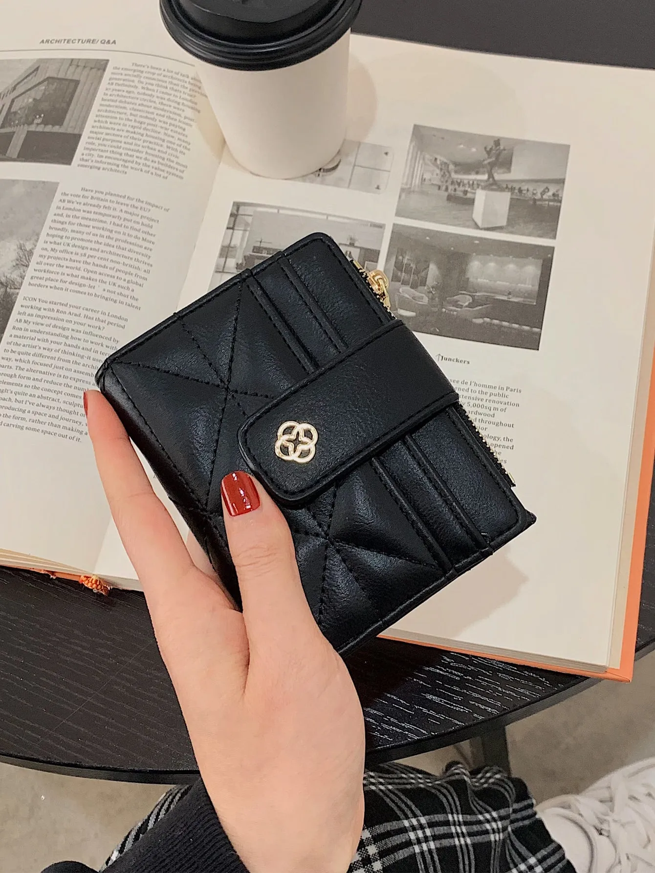Stitch & Metal Detail Small Wallet - Black