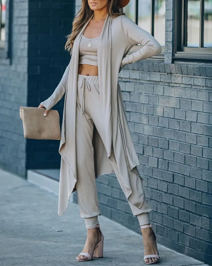 Sweet Release Ribbed Crop Knit Tank Joggers Suit - Grey