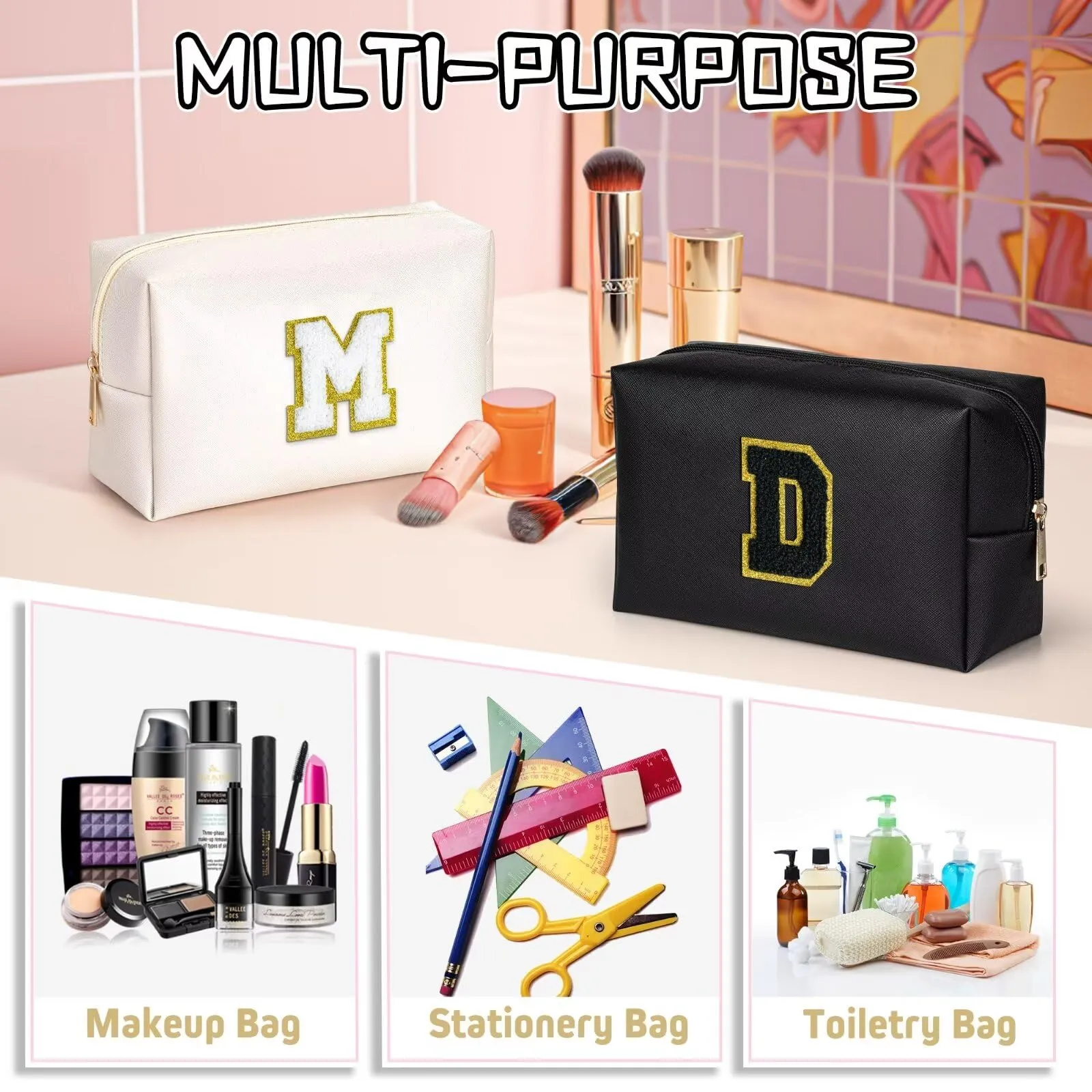 TOPEAST Initial Makeup Bag, Personalized Initial Bags with Zipper, Cute Makeup Pouch, PU Leather Waterproof Cosmetic Bag, Birthday Gift for Women, Preppy Things for Girls (Black A)