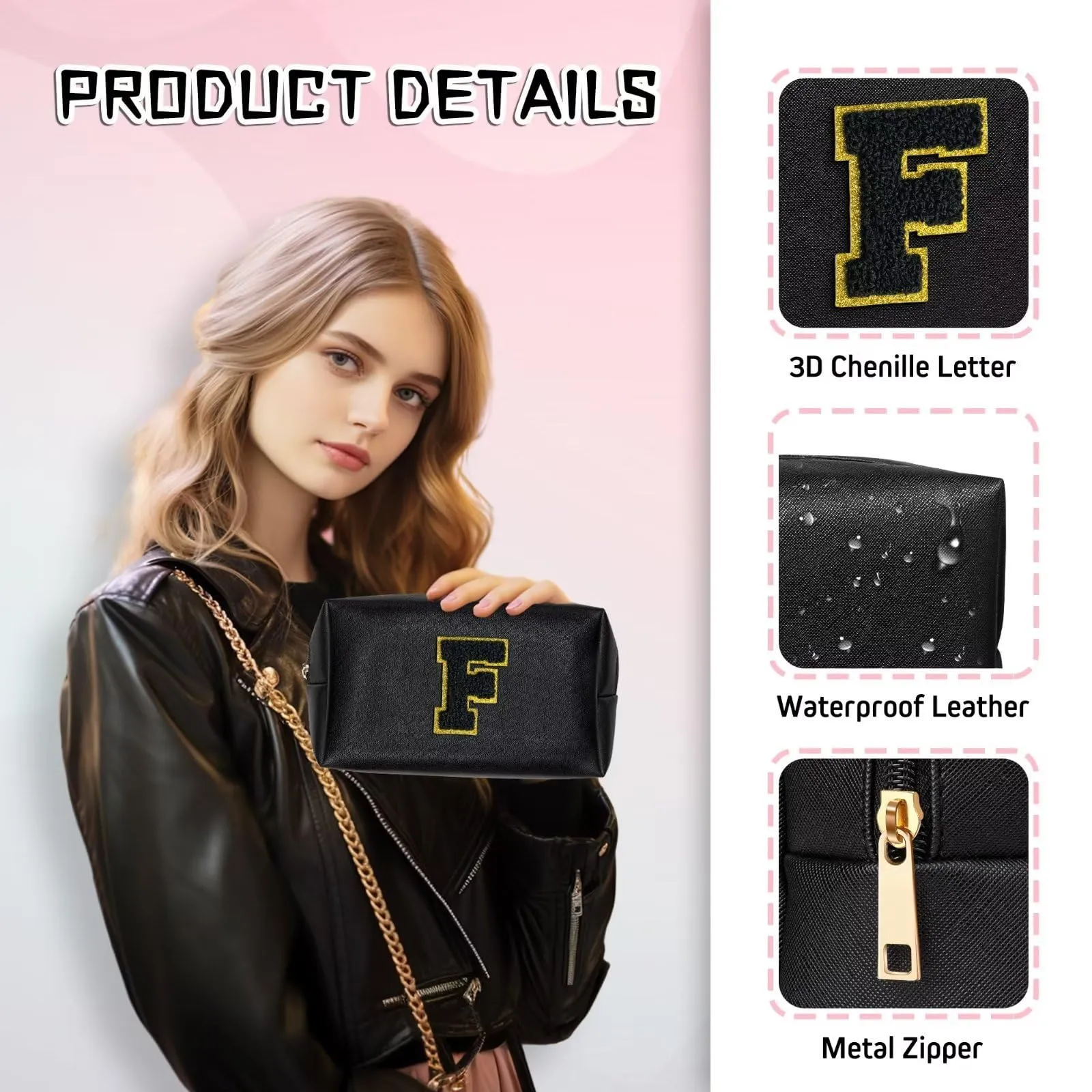 TOPEAST Initial Makeup Bag, Personalized Initial Bags with Zipper, Cute Makeup Pouch, PU Leather Waterproof Cosmetic Bag, Birthday Gift for Women, Preppy Things for Girls (Black A)