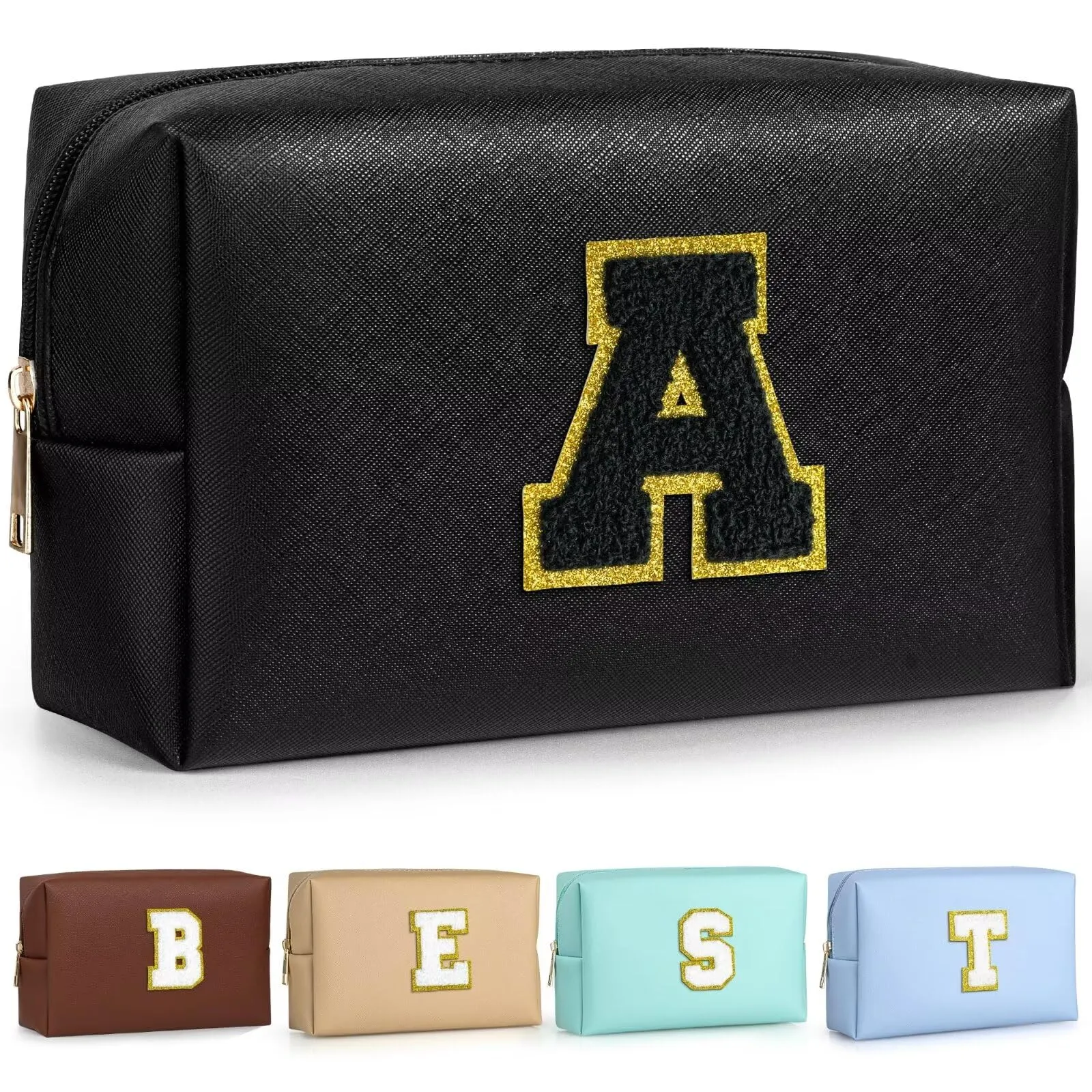 TOPEAST Initial Makeup Bag, Personalized Initial Bags with Zipper, Cute Makeup Pouch, PU Leather Waterproof Cosmetic Bag, Birthday Gift for Women, Preppy Things for Girls (Black A)