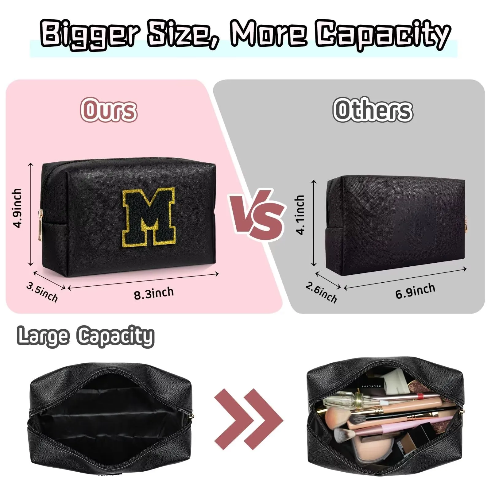 TOPEAST Initial Makeup Bag, Personalized Initial Bags with Zipper, Cute Makeup Pouch, PU Leather Waterproof Cosmetic Bag, Birthday Gift for Women, Preppy Things for Girls (Black A)