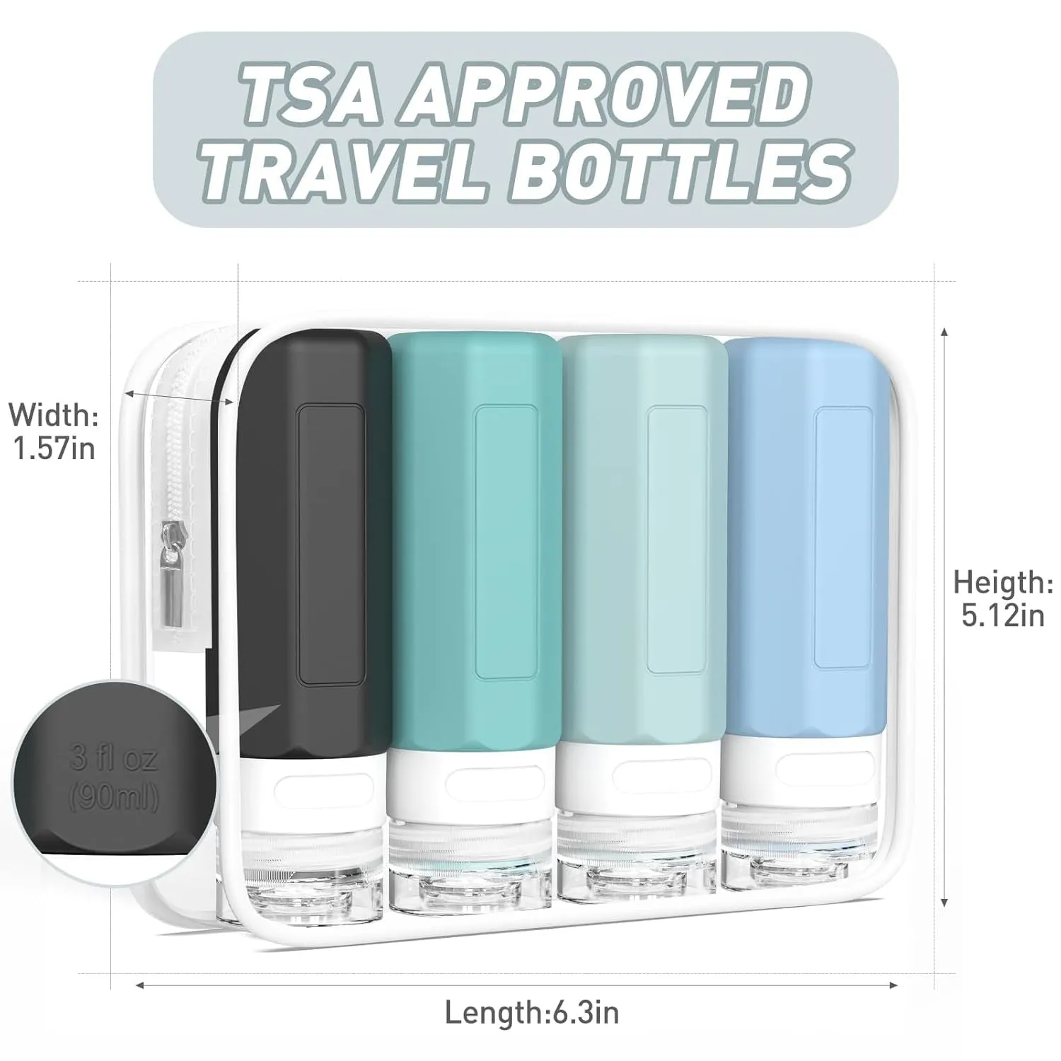 Travel Bottles for Toiletries, Tsa Approved 3Oz Travel Size Containers, Leak Proof Silicone Travel Containers for Toiletries, BPA Free Refillable Travel Accessories for Shampoo Conditioner Gray