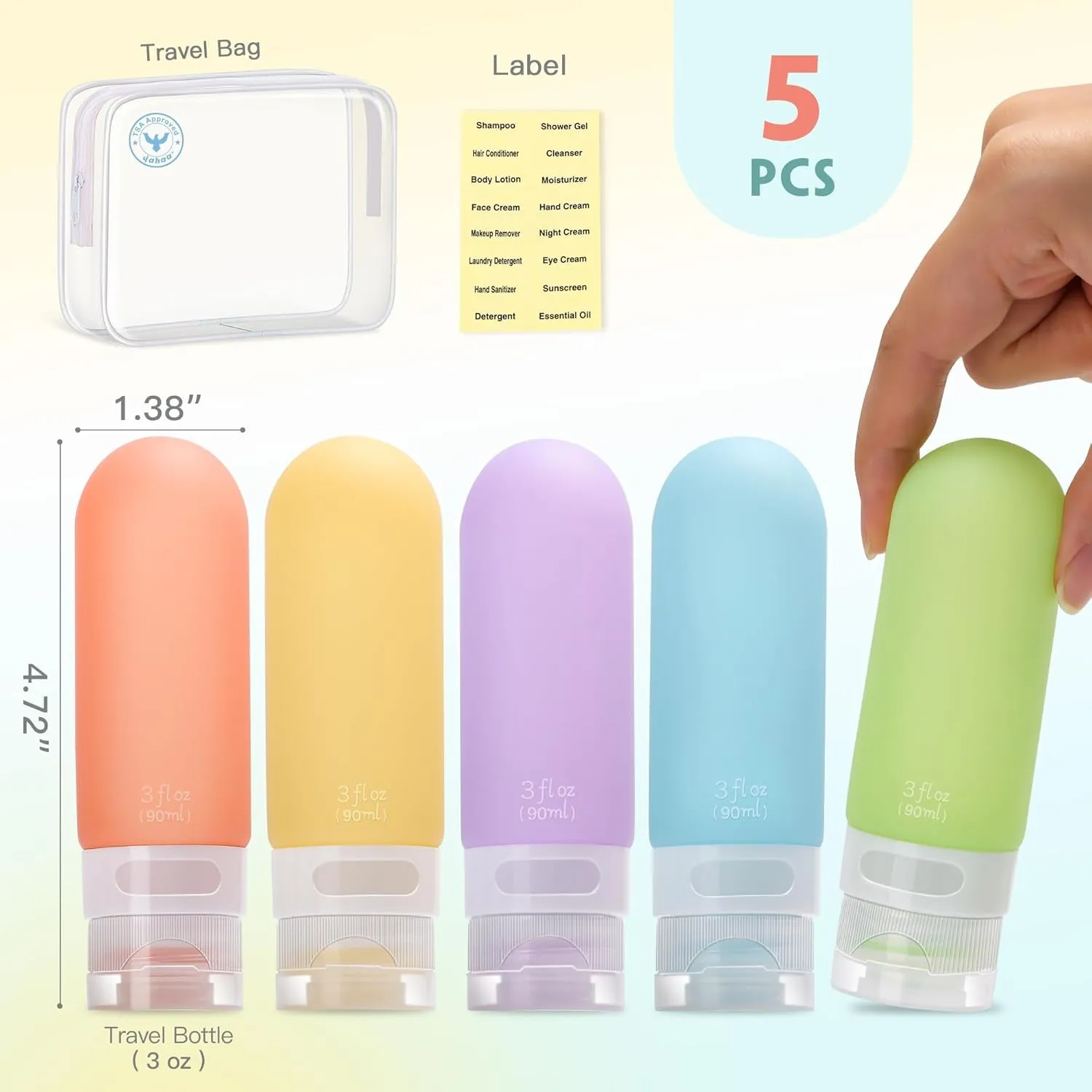 Travel Bottles for Toiletries,3Oz Leak Proof Squeezable Travel Size Containers, 5 Pack TSA Approved Travel Essentials for Shampoo Conditioner,Silicone,White Pack