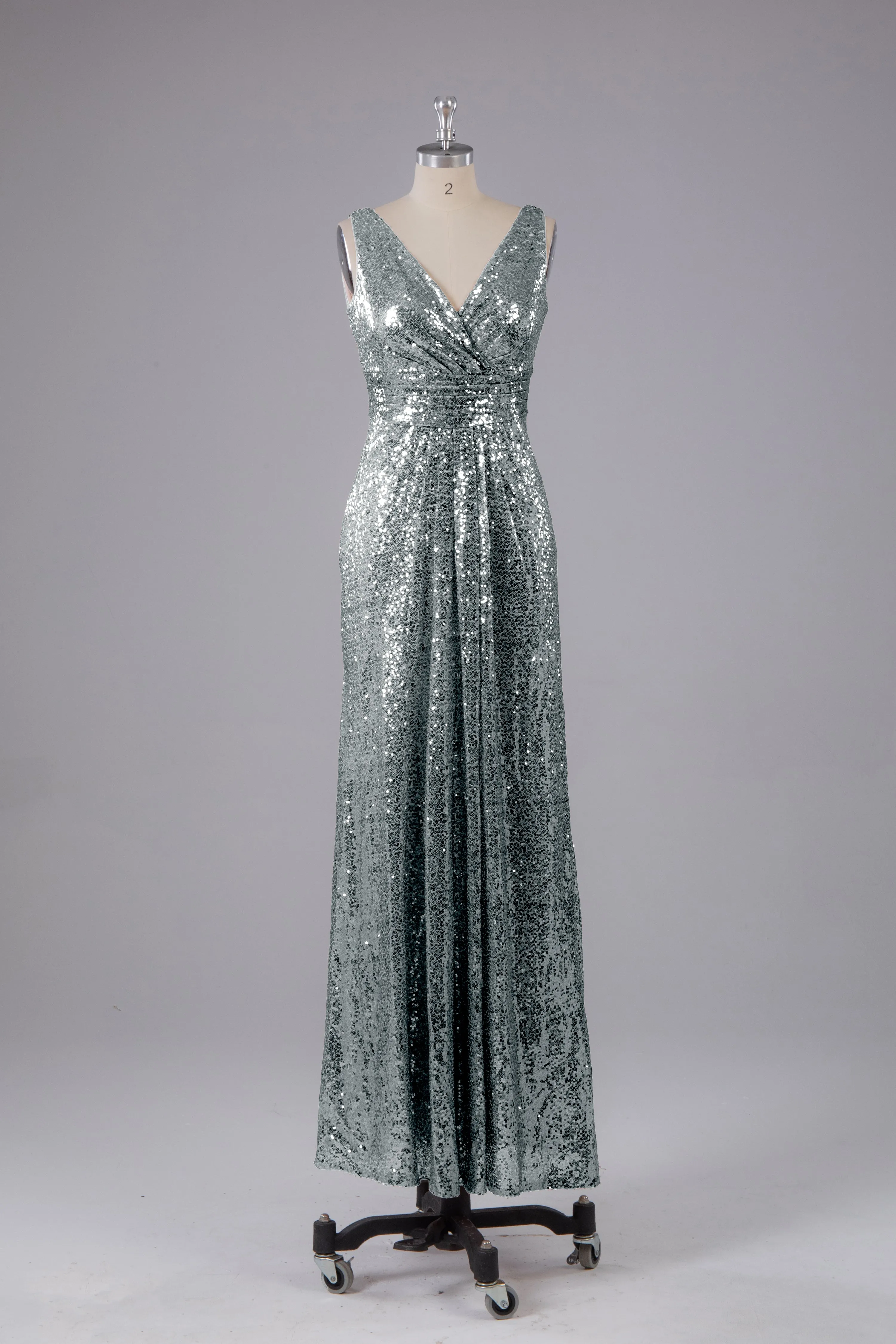 V-Back Straps Sequins Floor Length Bridesmaid Dress