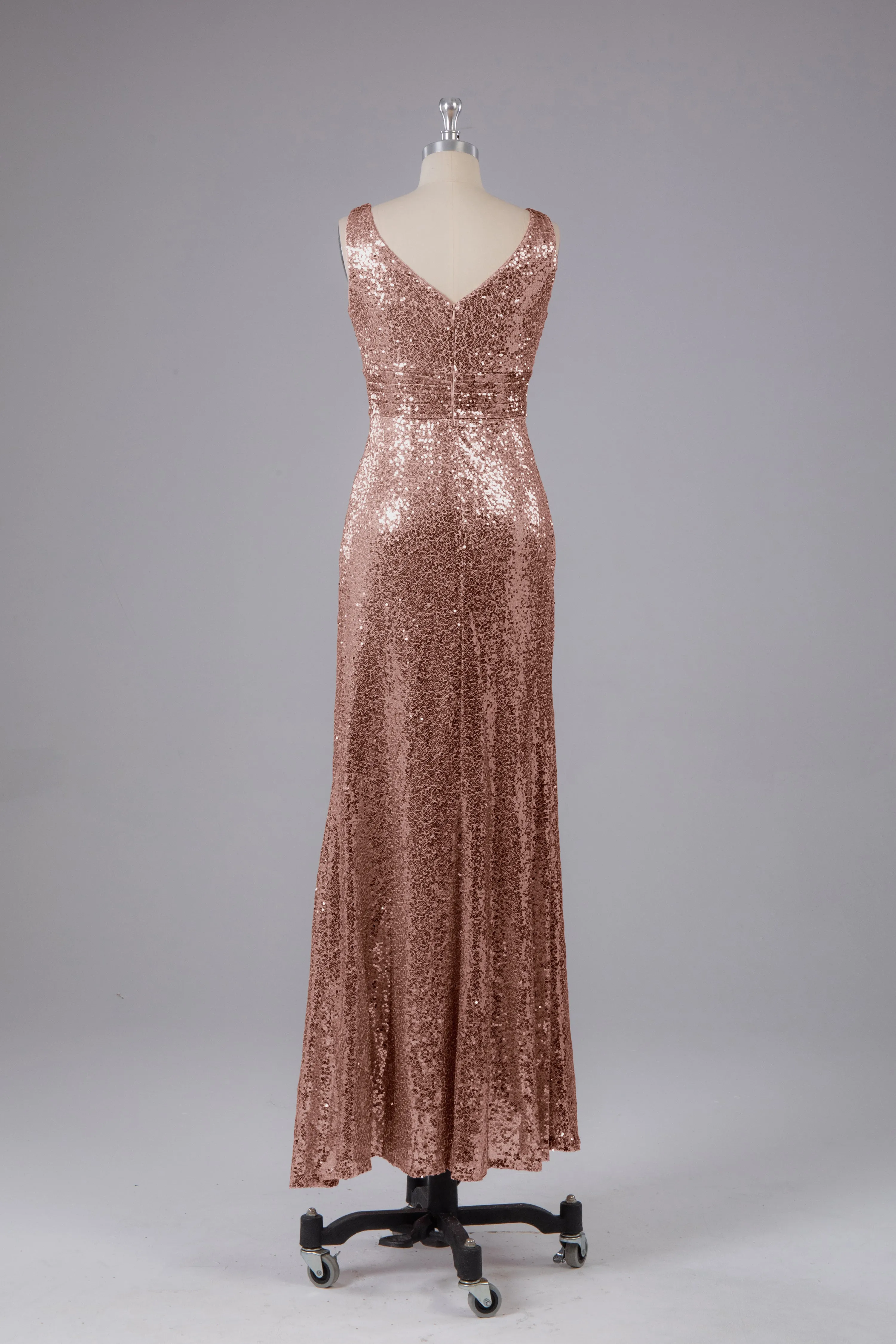 V-Back Straps Sequins Floor Length Bridesmaid Dress