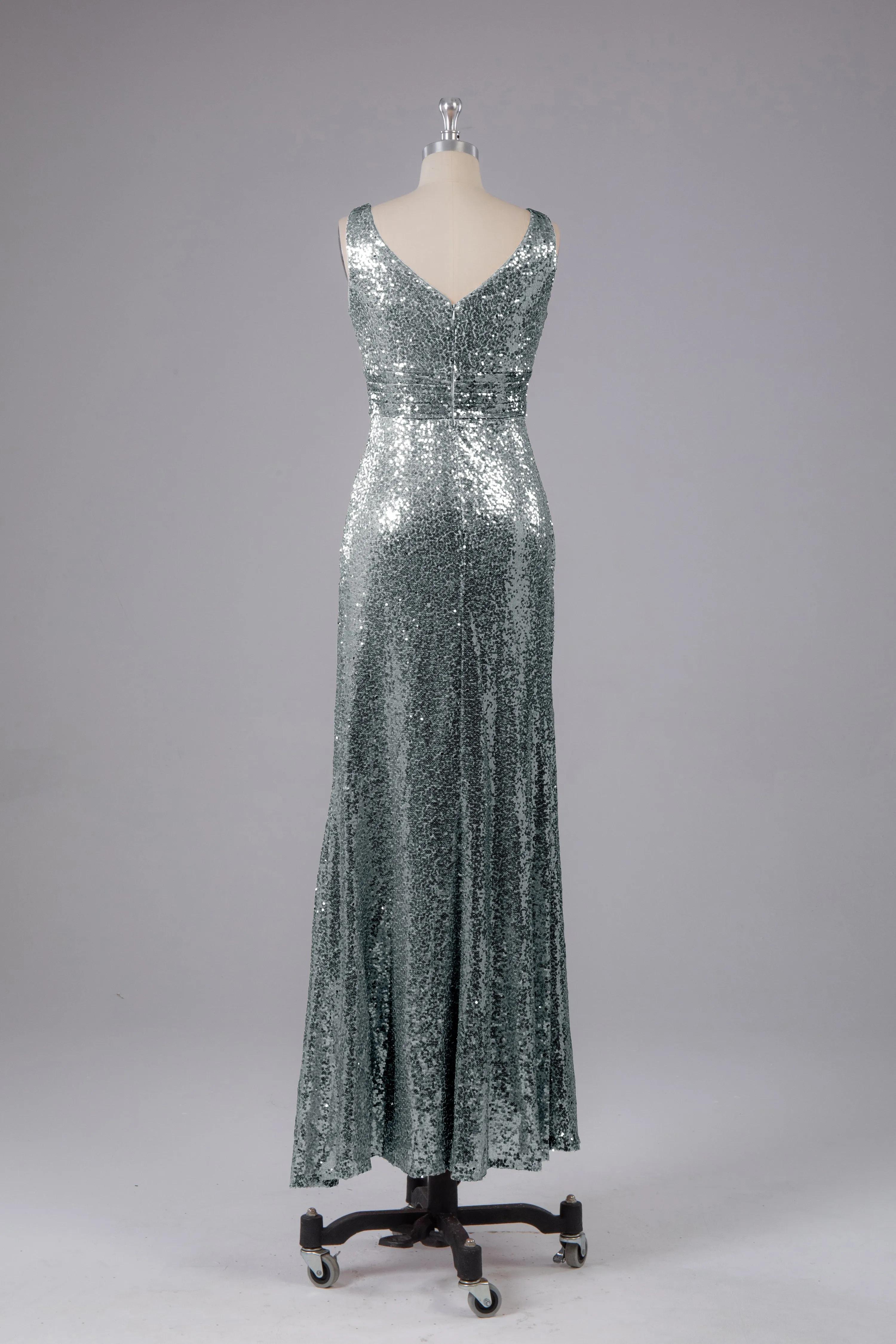 V-Back Straps Sequins Floor Length Bridesmaid Dress