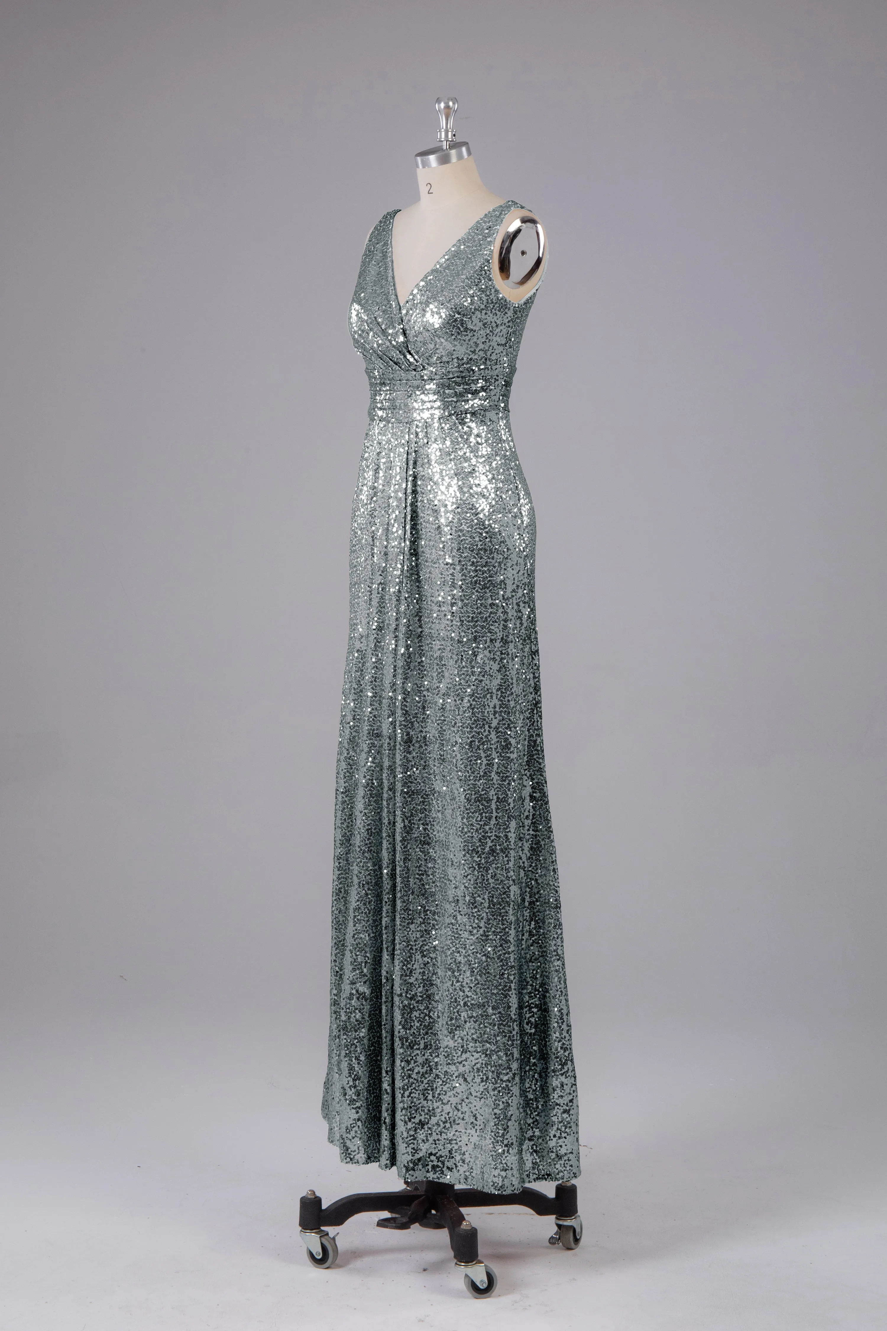 V-Back Straps Sequins Floor Length Bridesmaid Dress