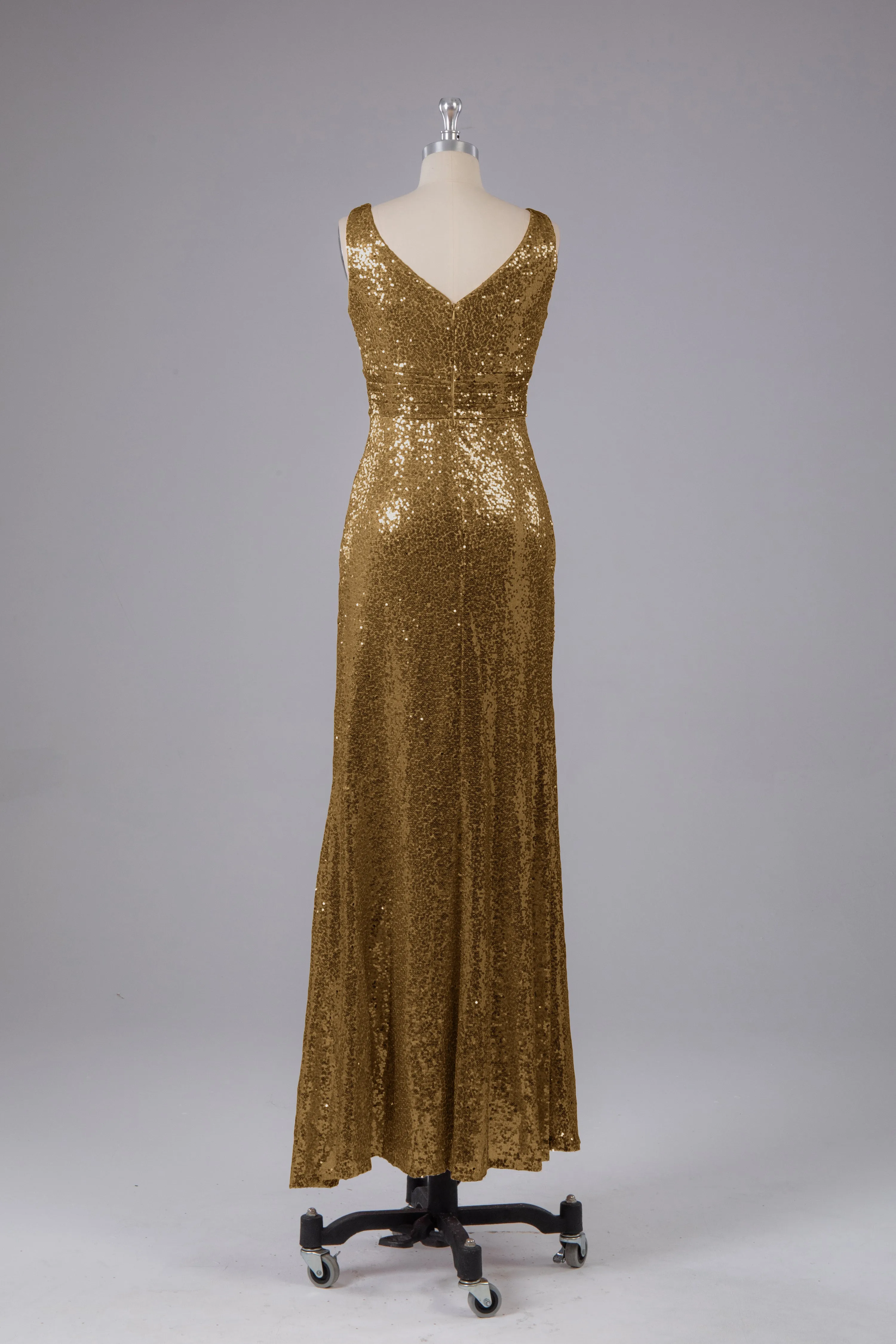 V-Back Straps Sequins Floor Length Bridesmaid Dress