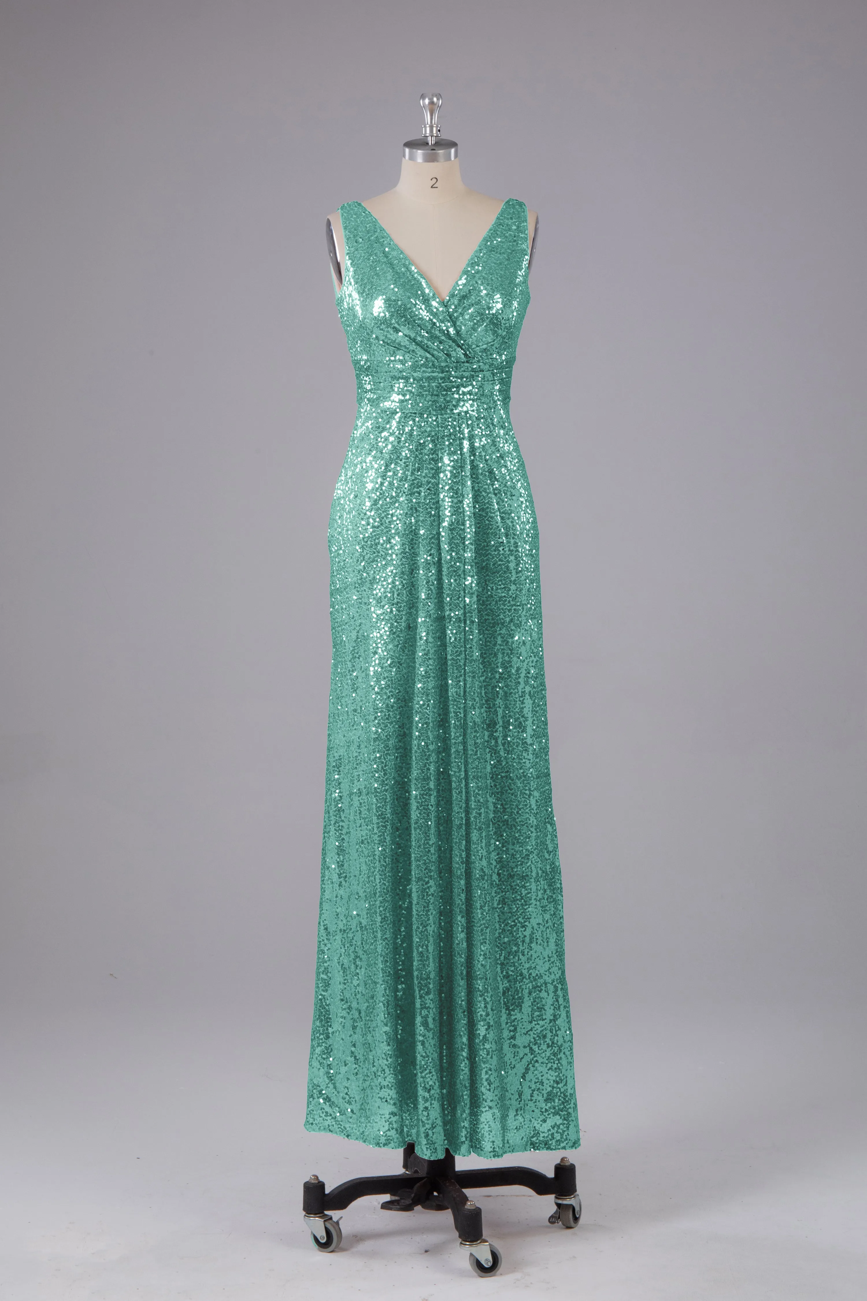 V-Back Straps Sequins Floor Length Bridesmaid Dress