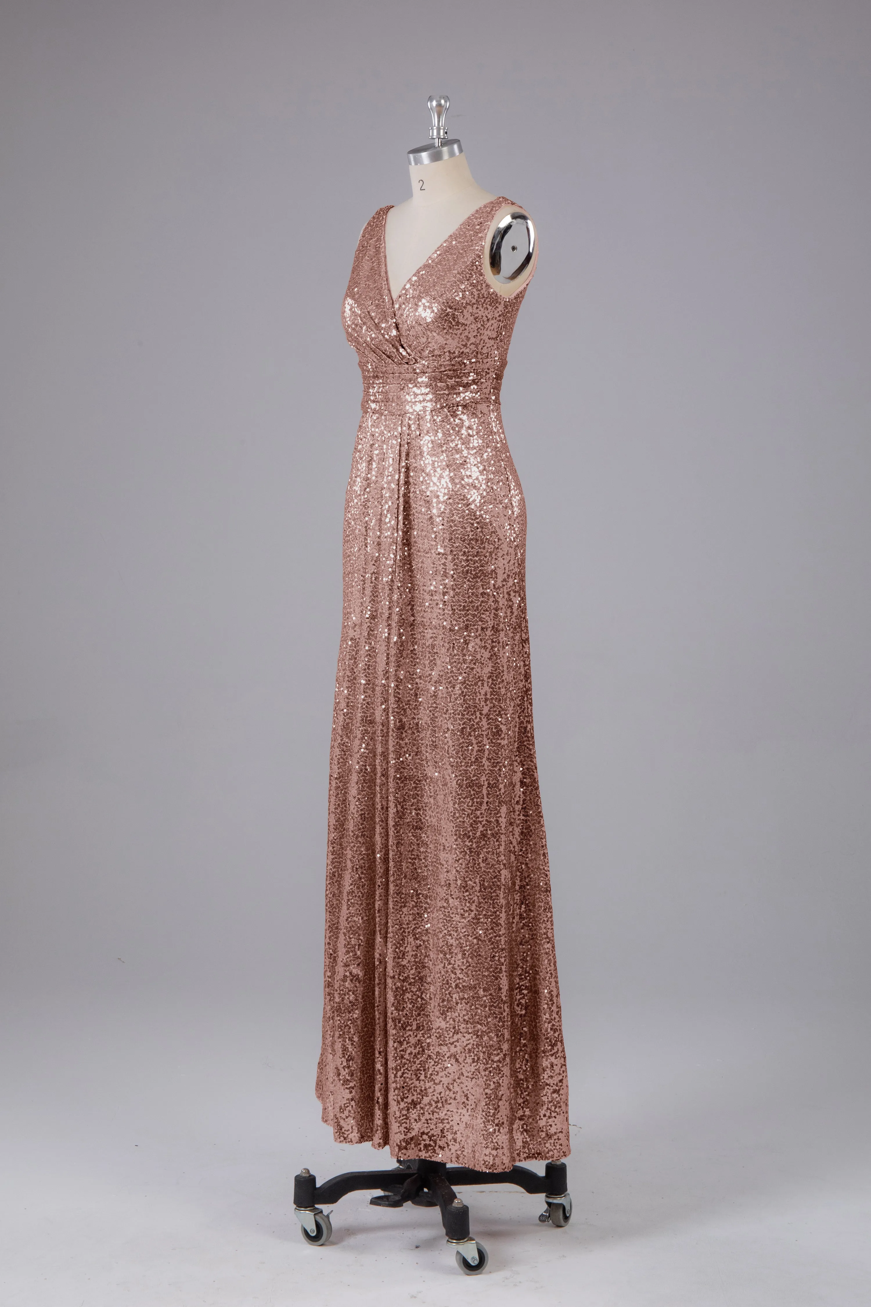 V-Back Straps Sequins Floor Length Bridesmaid Dress
