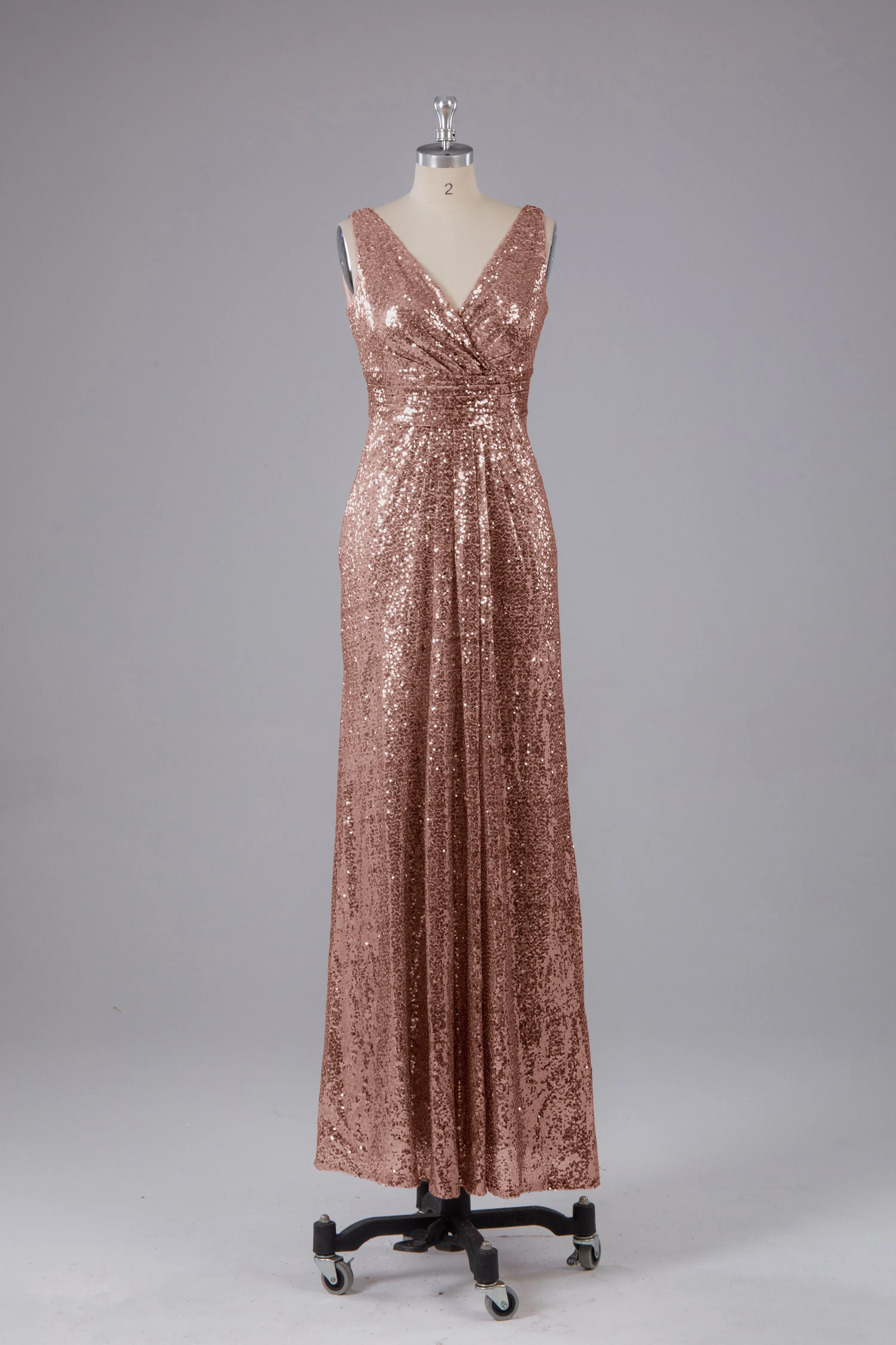 V-Back Straps Sequins Floor Length Bridesmaid Dress