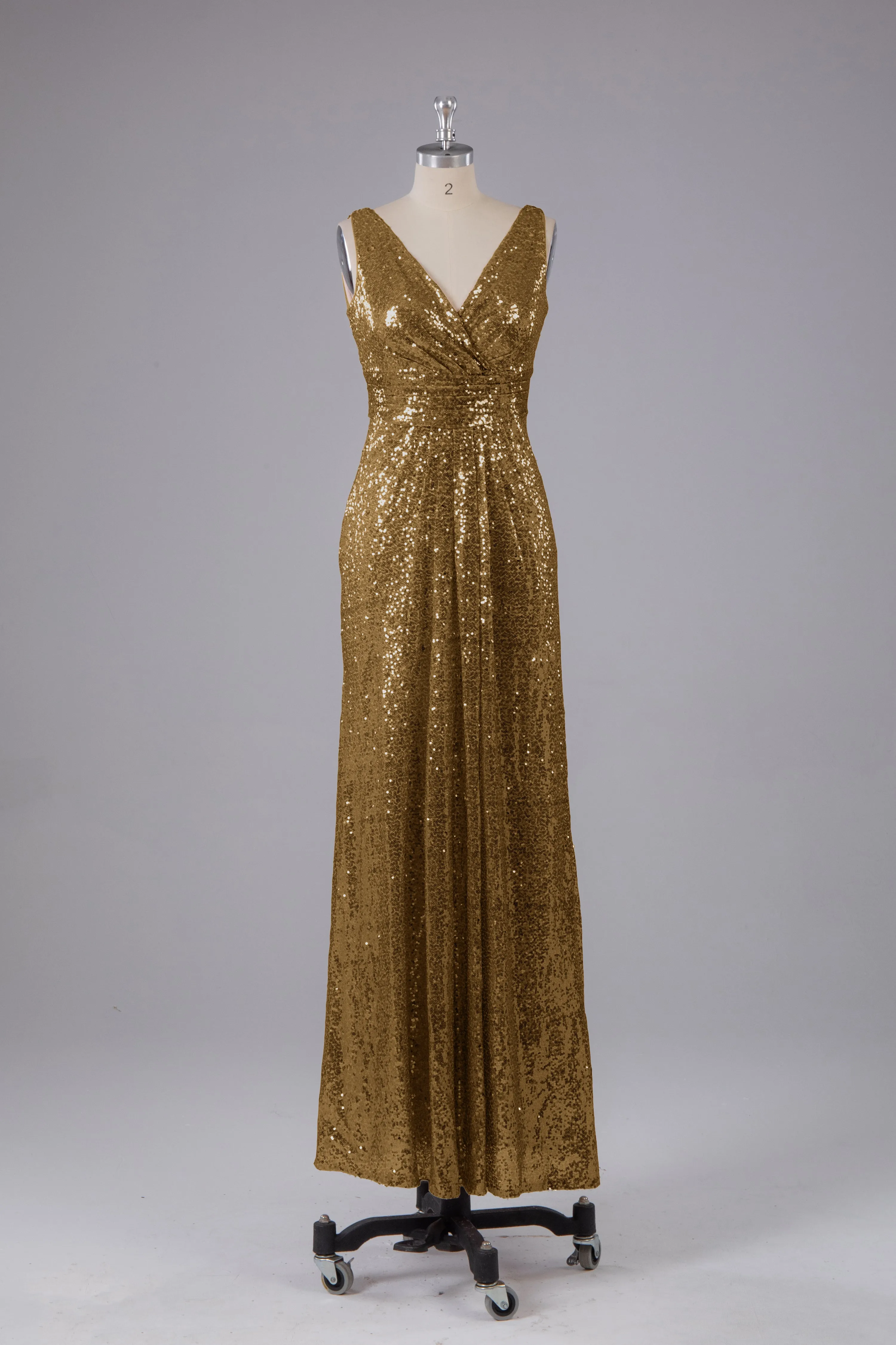 V-Back Straps Sequins Floor Length Bridesmaid Dress