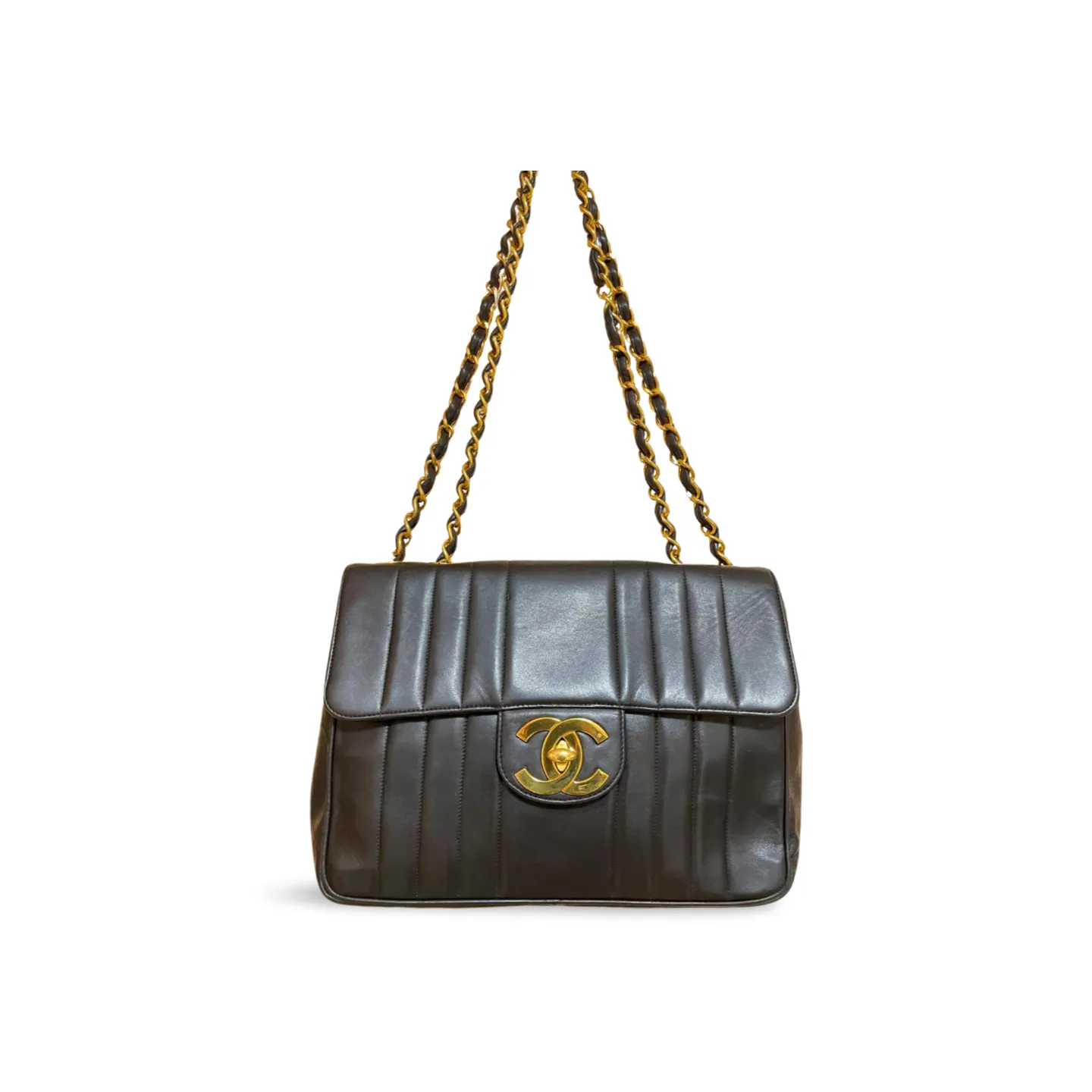 Vintage CHANEL black lambskin 2.55 classic jumbo, large chain, large shoulder bag with golden CC. Vertical stitch. 051128ac4