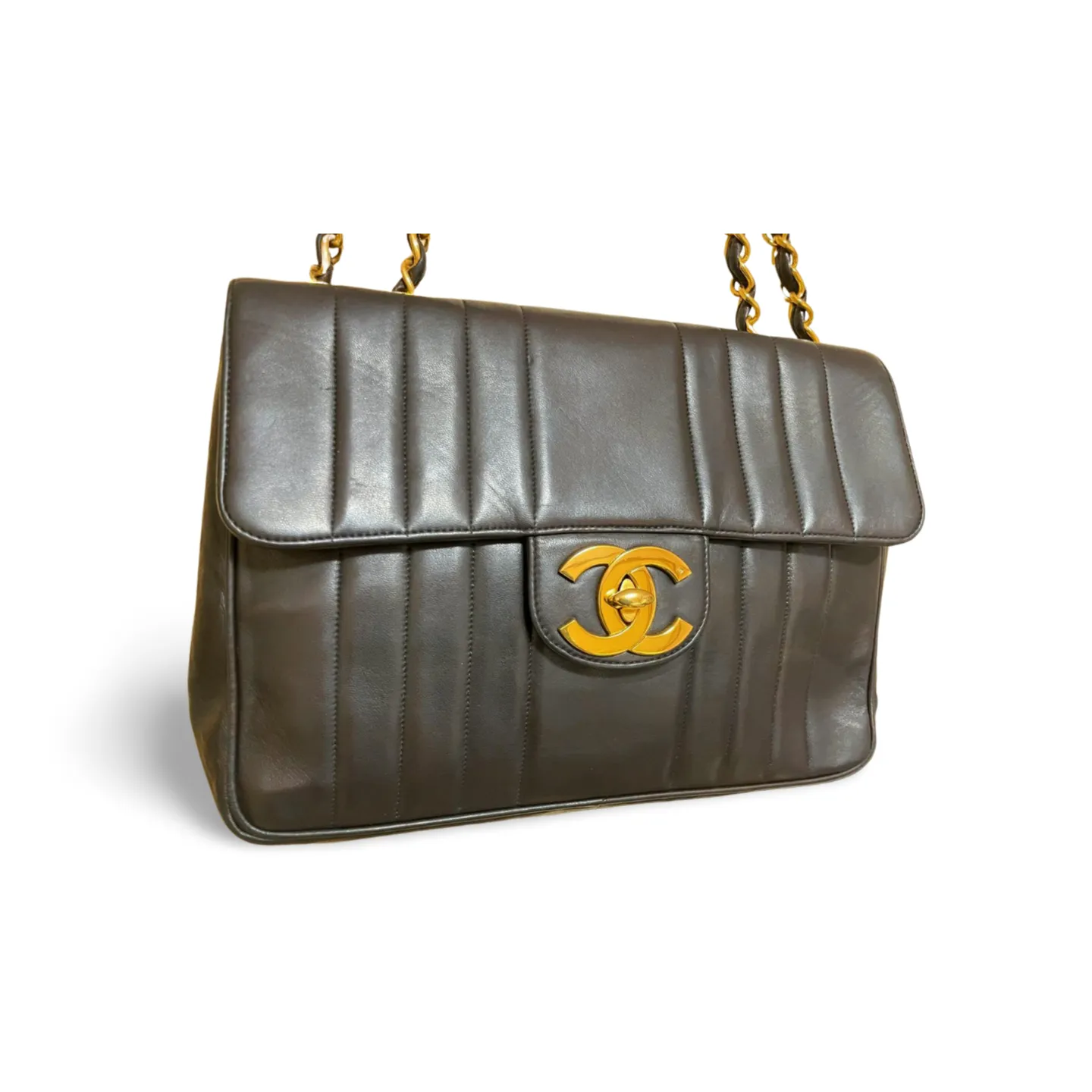 Vintage CHANEL black lambskin 2.55 classic jumbo, large chain, large shoulder bag with golden CC. Vertical stitch. 051128ac4