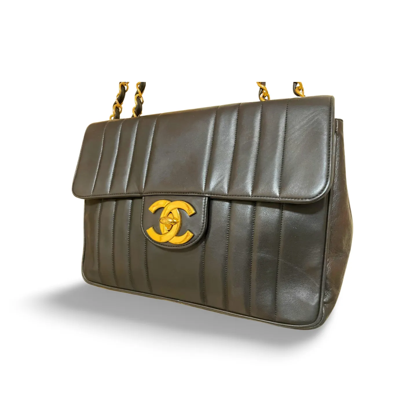Vintage CHANEL black lambskin 2.55 classic jumbo, large chain, large shoulder bag with golden CC. Vertical stitch. 051128ac4