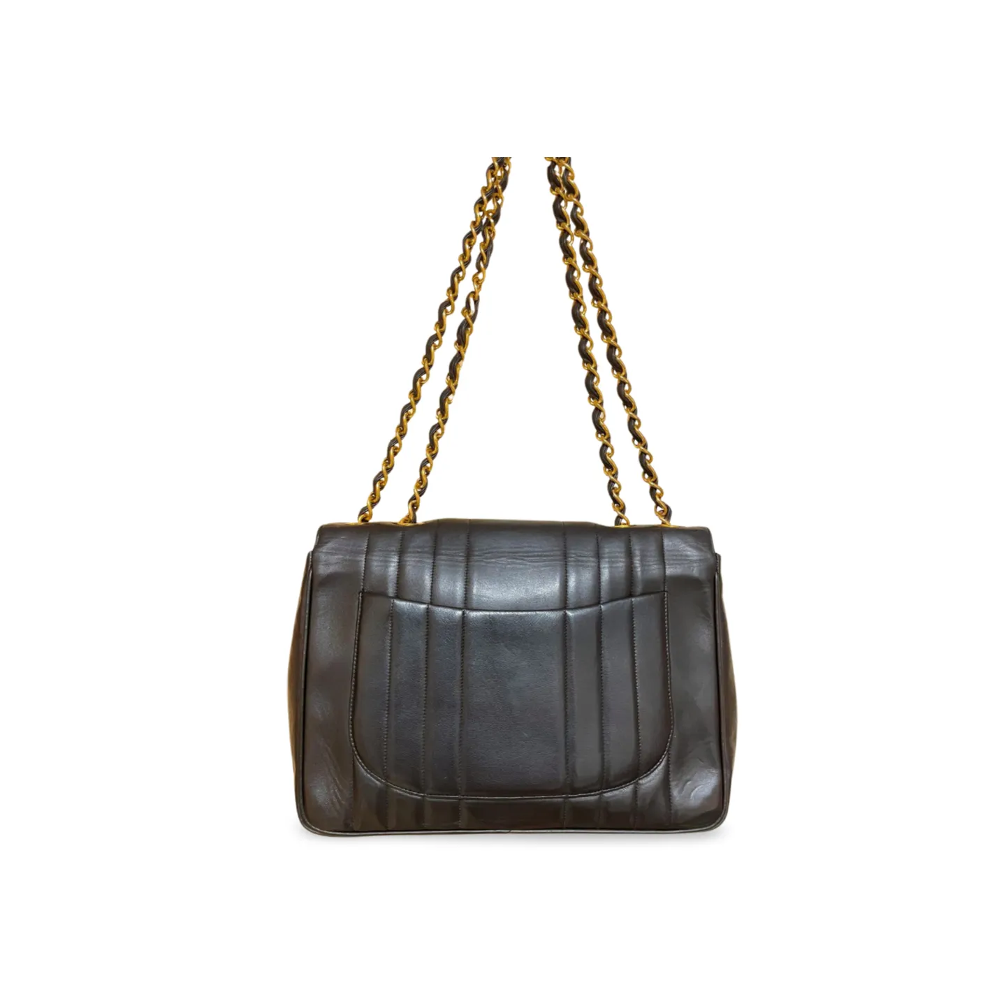 Vintage CHANEL black lambskin 2.55 classic jumbo, large chain, large shoulder bag with golden CC. Vertical stitch. 051128ac4
