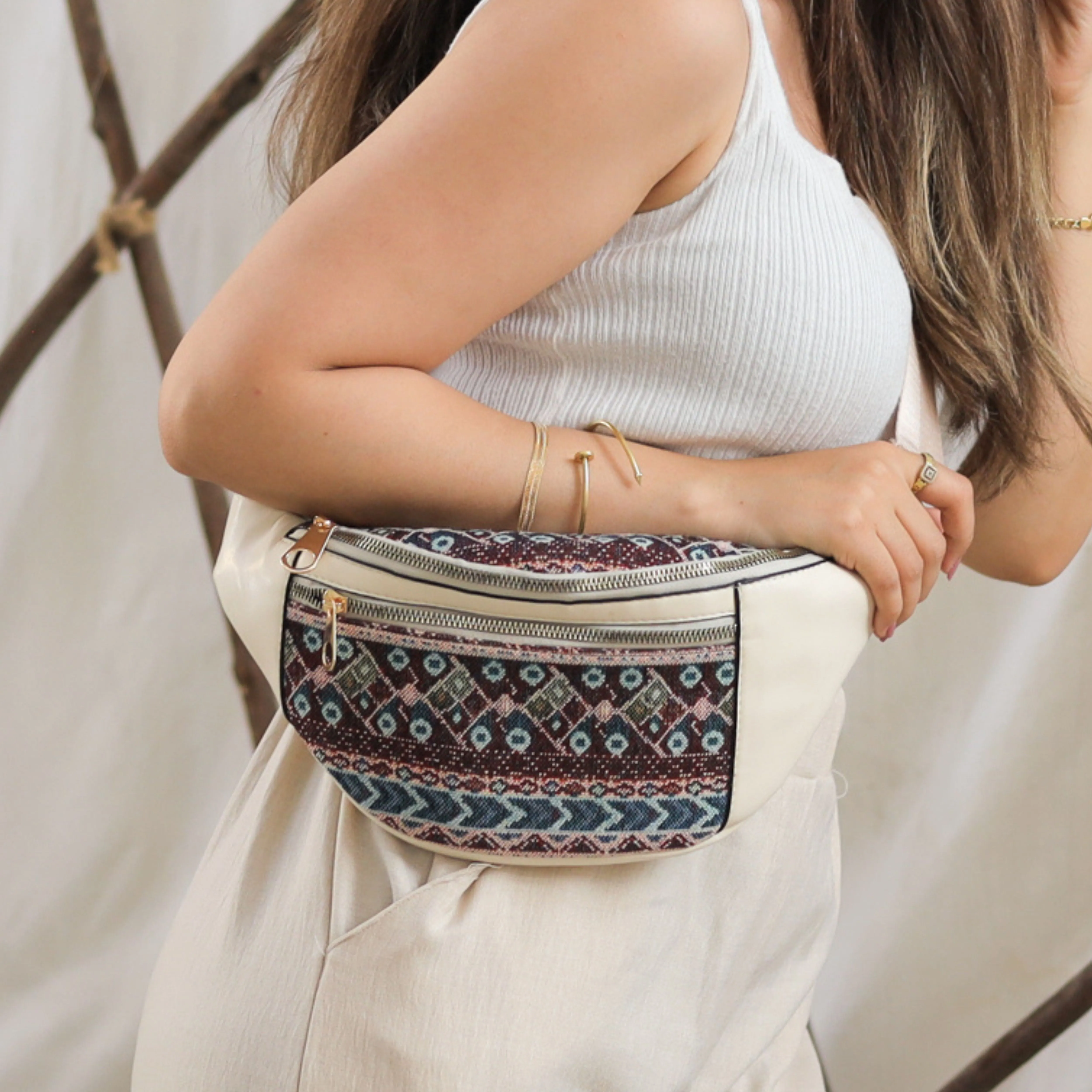 Waist Bag Squares and Arrows Beige