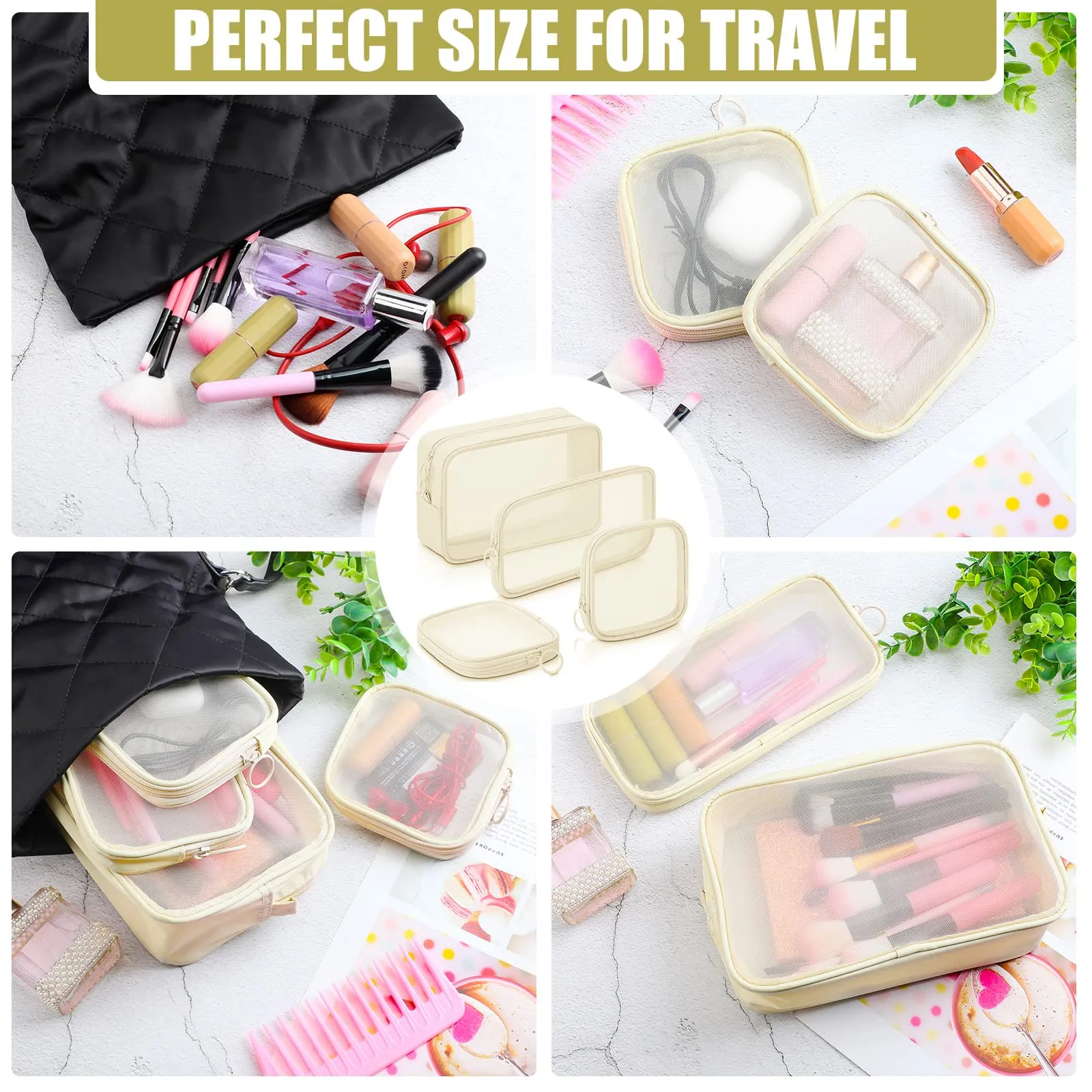 Weewooday 4 Pcs Mesh Makeup Bag Mesh Cosmetic Bag Travel Toiletry Pouch with Zipper Mini Makeup Cosmetic Purse for Daily Accessory(Small, Large, Medium,Beige)