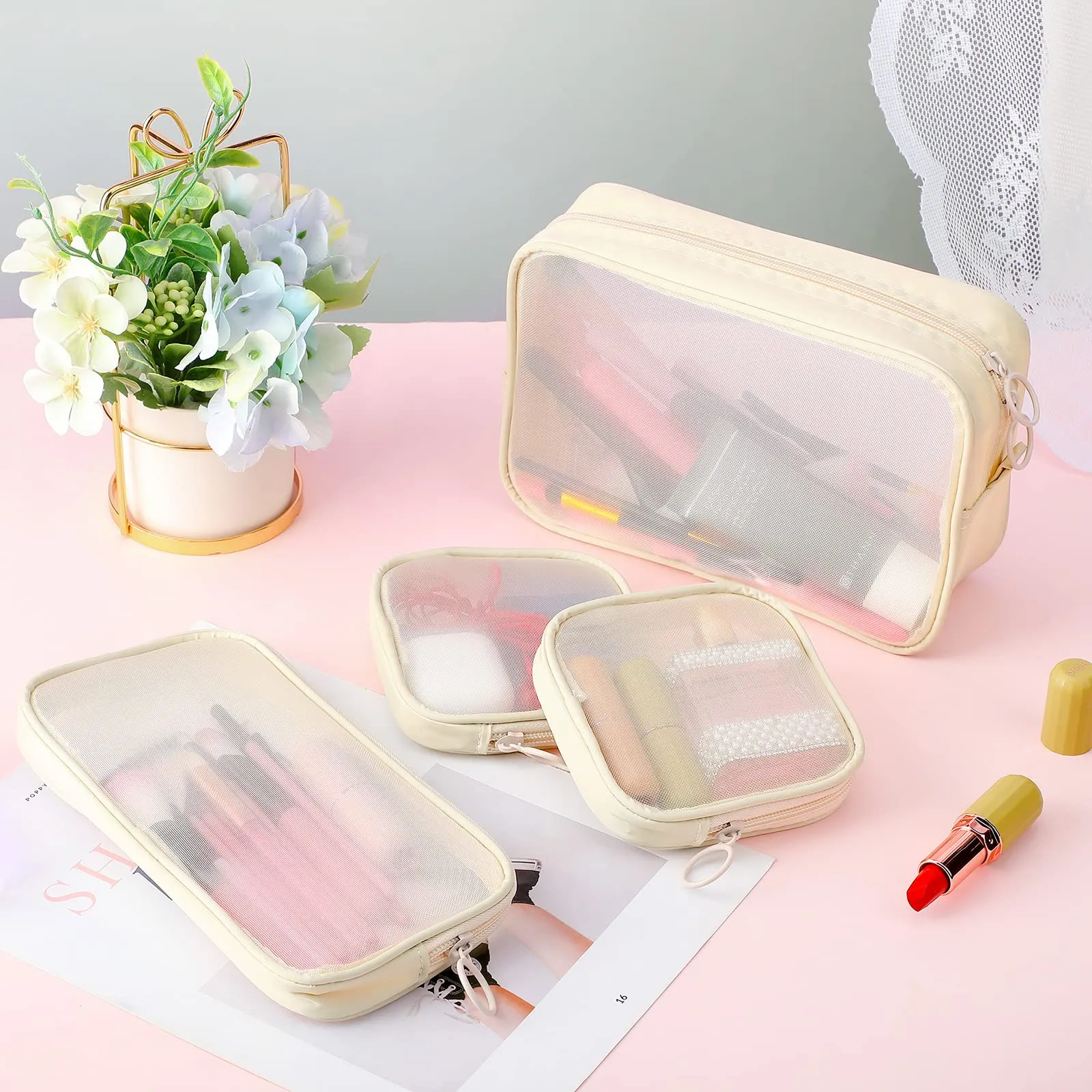 Weewooday 4 Pcs Mesh Makeup Bag Mesh Cosmetic Bag Travel Toiletry Pouch with Zipper Mini Makeup Cosmetic Purse for Daily Accessory(Small, Large, Medium,Beige)