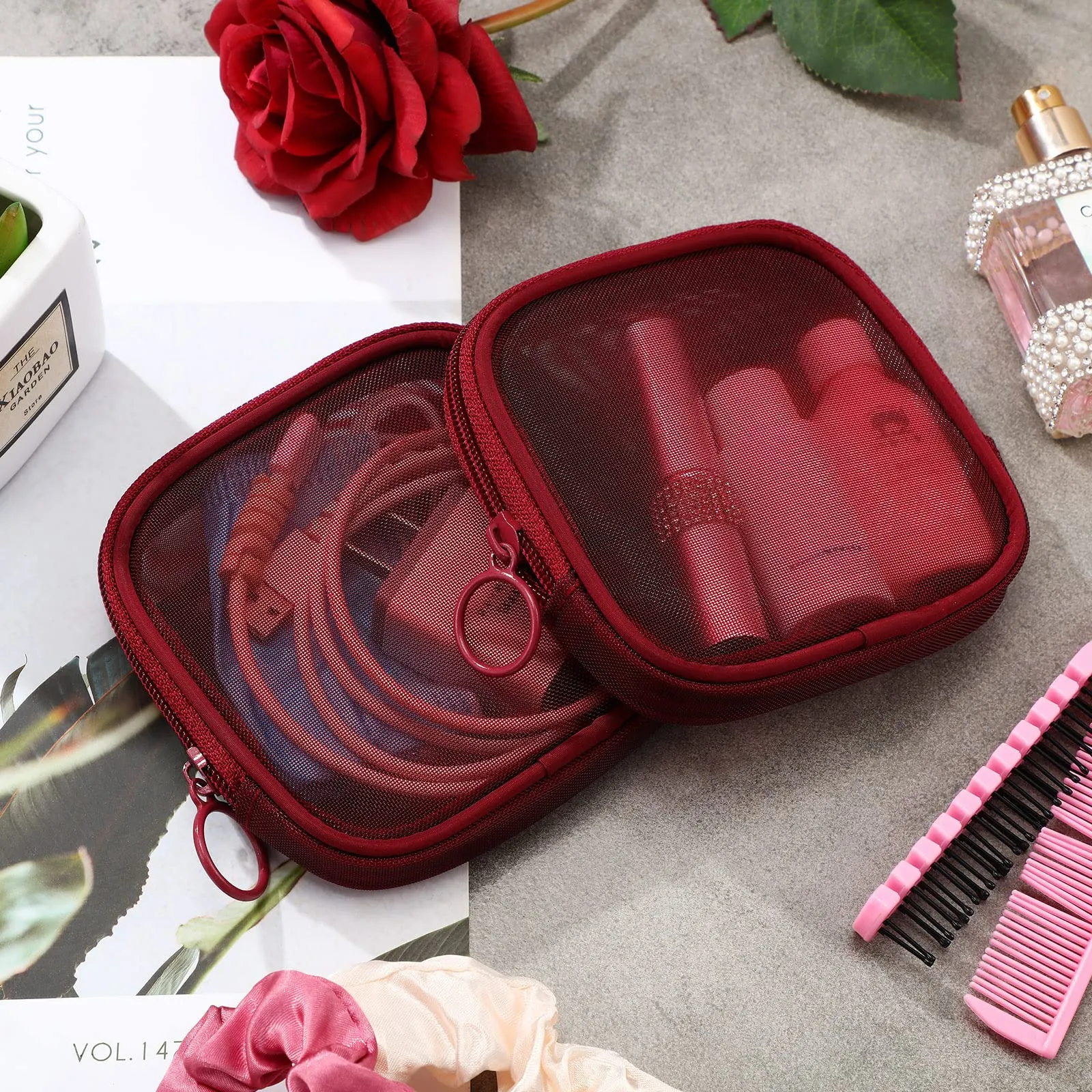 Weewooday 4 Pcs Mesh Makeup Bag Mesh Cosmetic Bag Travel Toiletry Pouch with Zipper Mini Makeup Cosmetic Purse for Daily Accessory(Small,Wine Red)