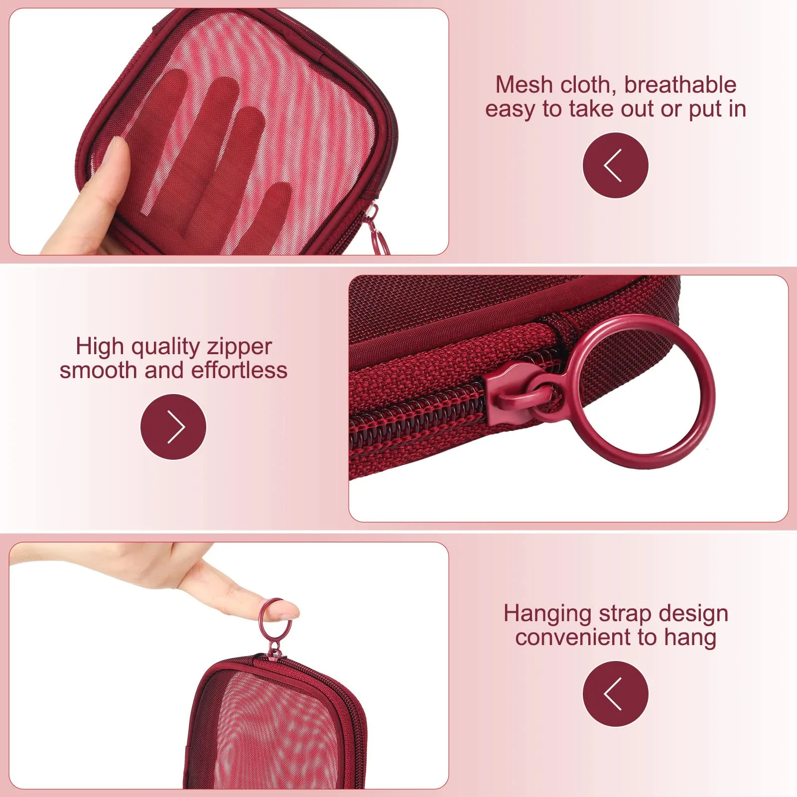 Weewooday 4 Pcs Mesh Makeup Bag Mesh Cosmetic Bag Travel Toiletry Pouch with Zipper Mini Makeup Cosmetic Purse for Daily Accessory(Small,Wine Red)