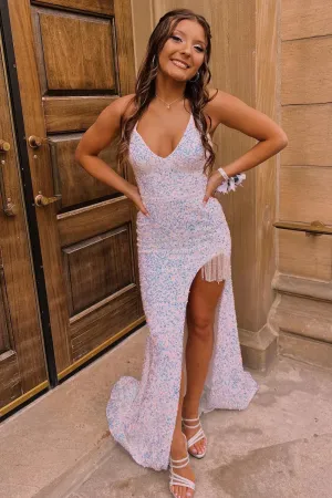 White Mermaid Sequins Asymmetrical Long Prom Dress with Slit