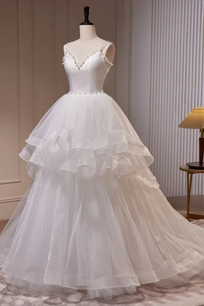 White V Neck Spaghetti Straps Beading A Line Tulle Wedding Gown